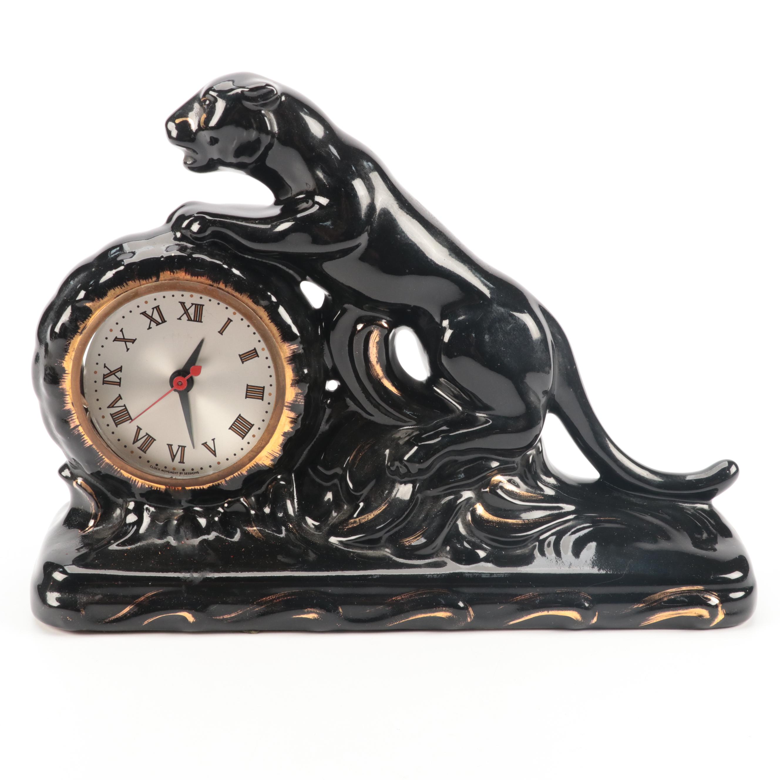 Sessions Art Deco Style Ceramic Panther Figural Mantel Clock, Mid-20th Century