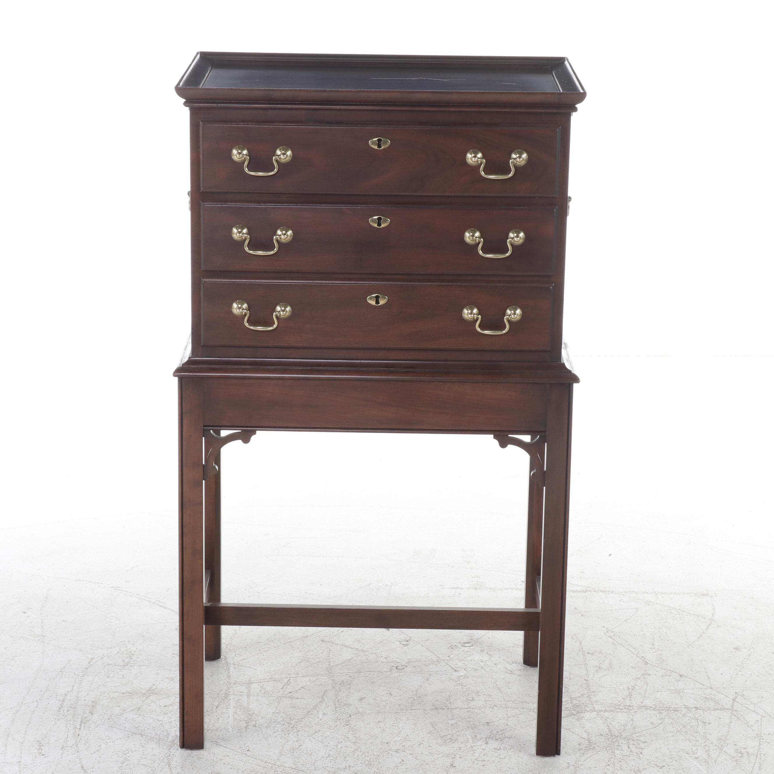 Statton Chippendale Style Cherrywood Three-Drawer Silver Chest-on-Stand