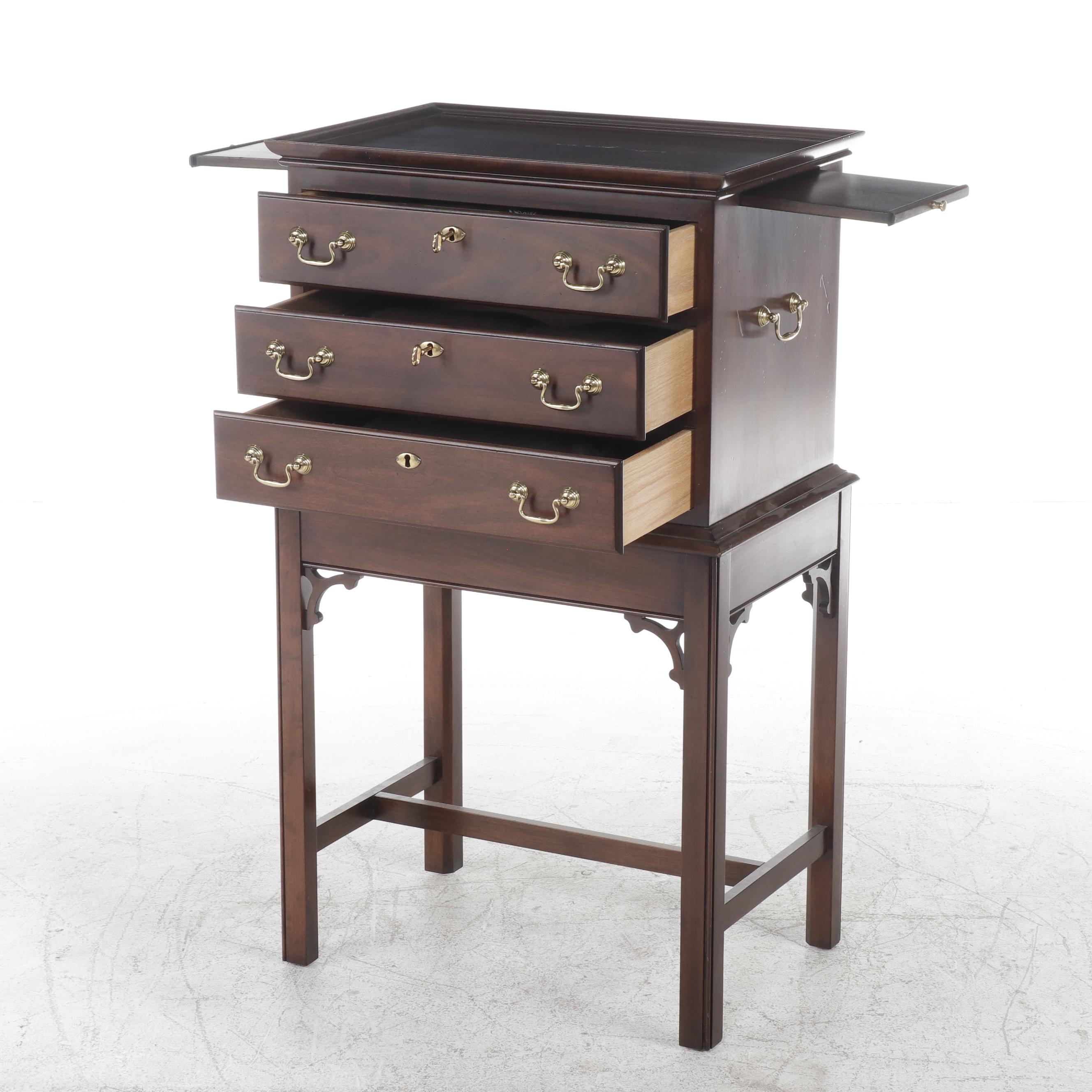 Statton Chippendale Style Cherrywood Three-Drawer Silver Chest-on-Stand