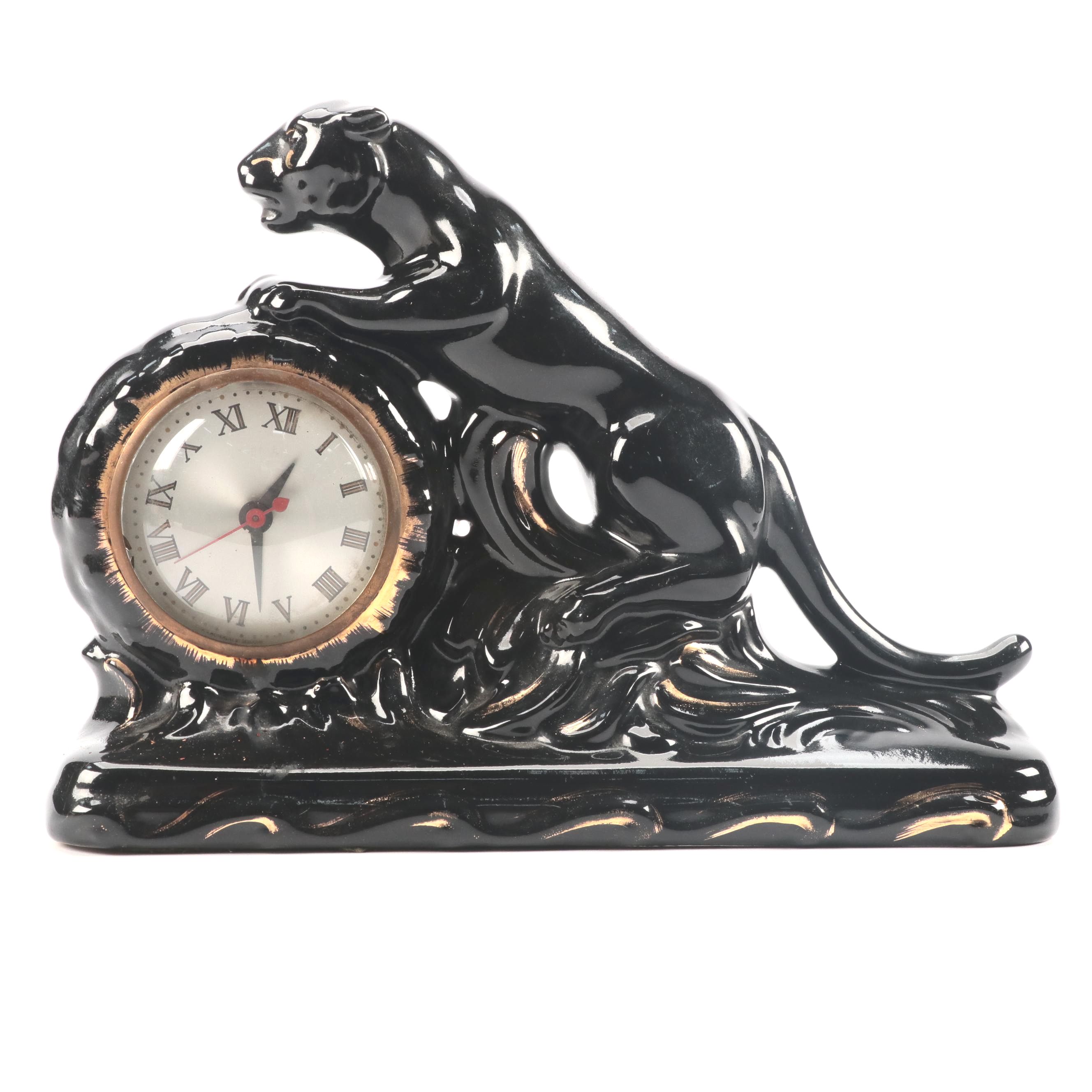 Sessions Art Deco Style Ceramic Panther Figural Mantel Clock, Mid-20th Century