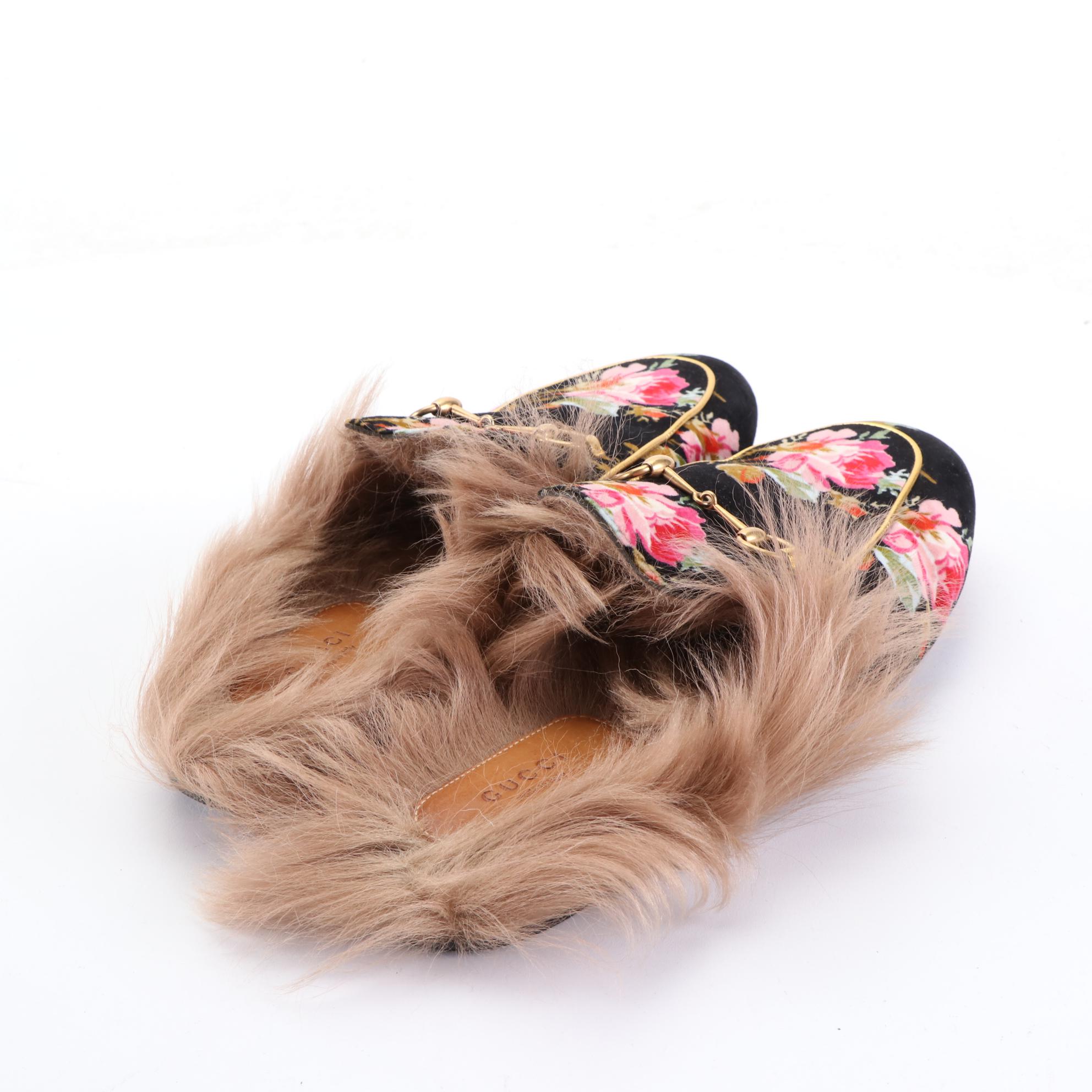 Gucci Fur-Lined Princetown Loafers in Floral Velvet