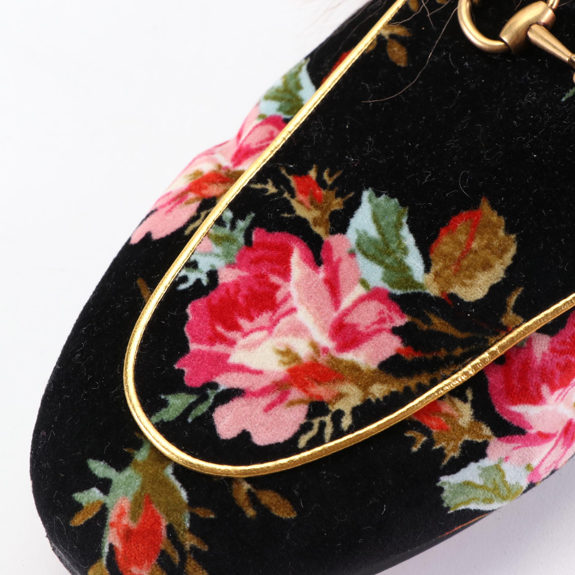 Gucci Fur-Lined Princetown Loafers in Floral Velvet