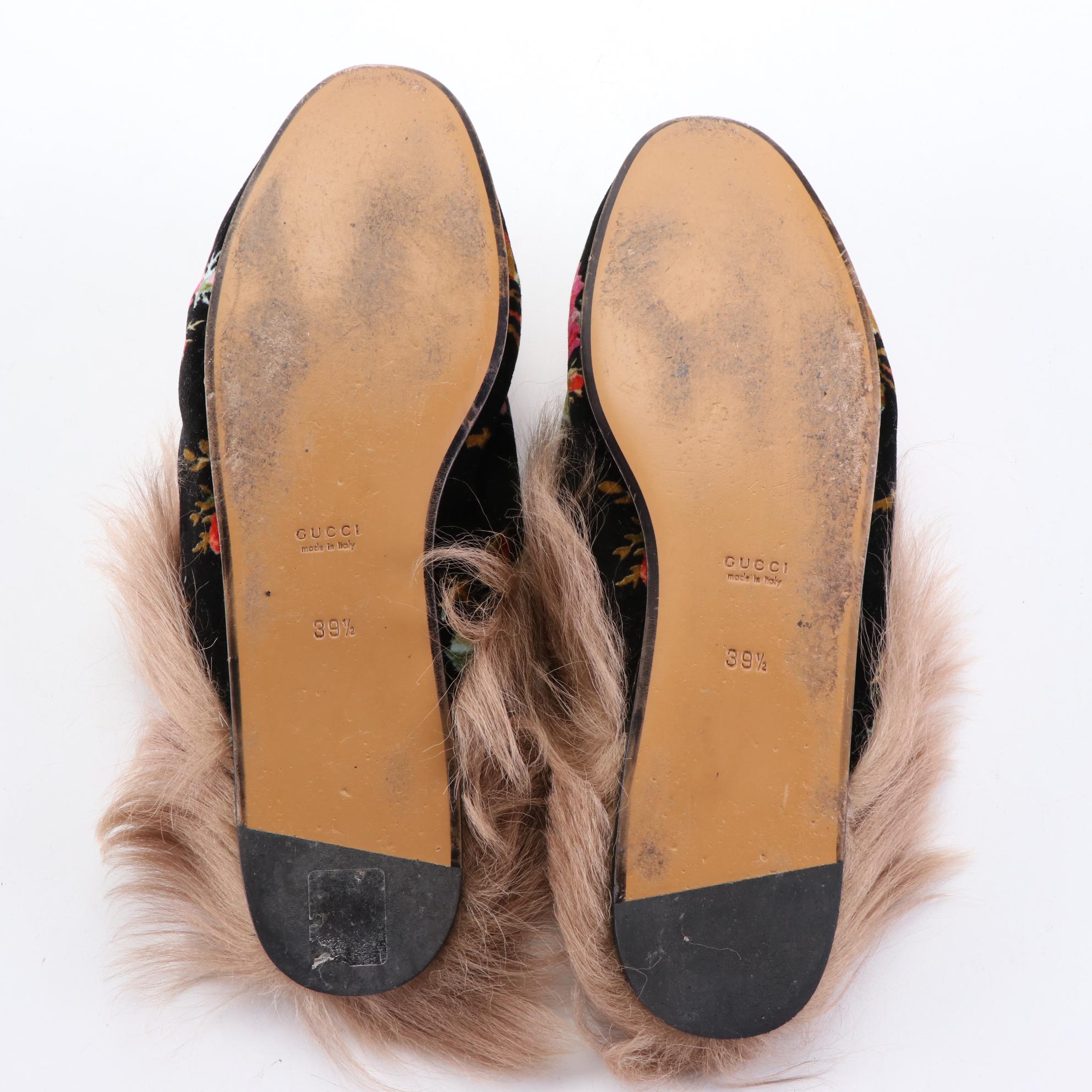 Gucci Fur-Lined Princetown Loafers in Floral Velvet