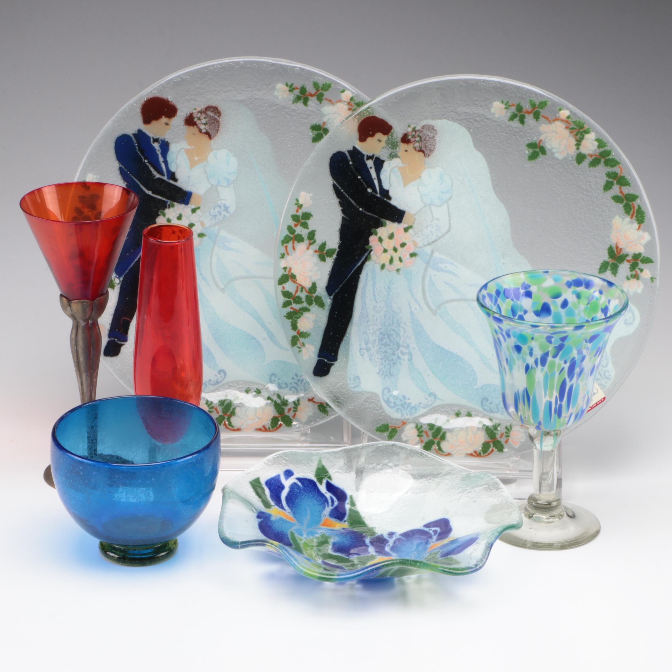 Peggy Karr Fused Glass Bowl and Trays with Other Glass Vase and Tableware