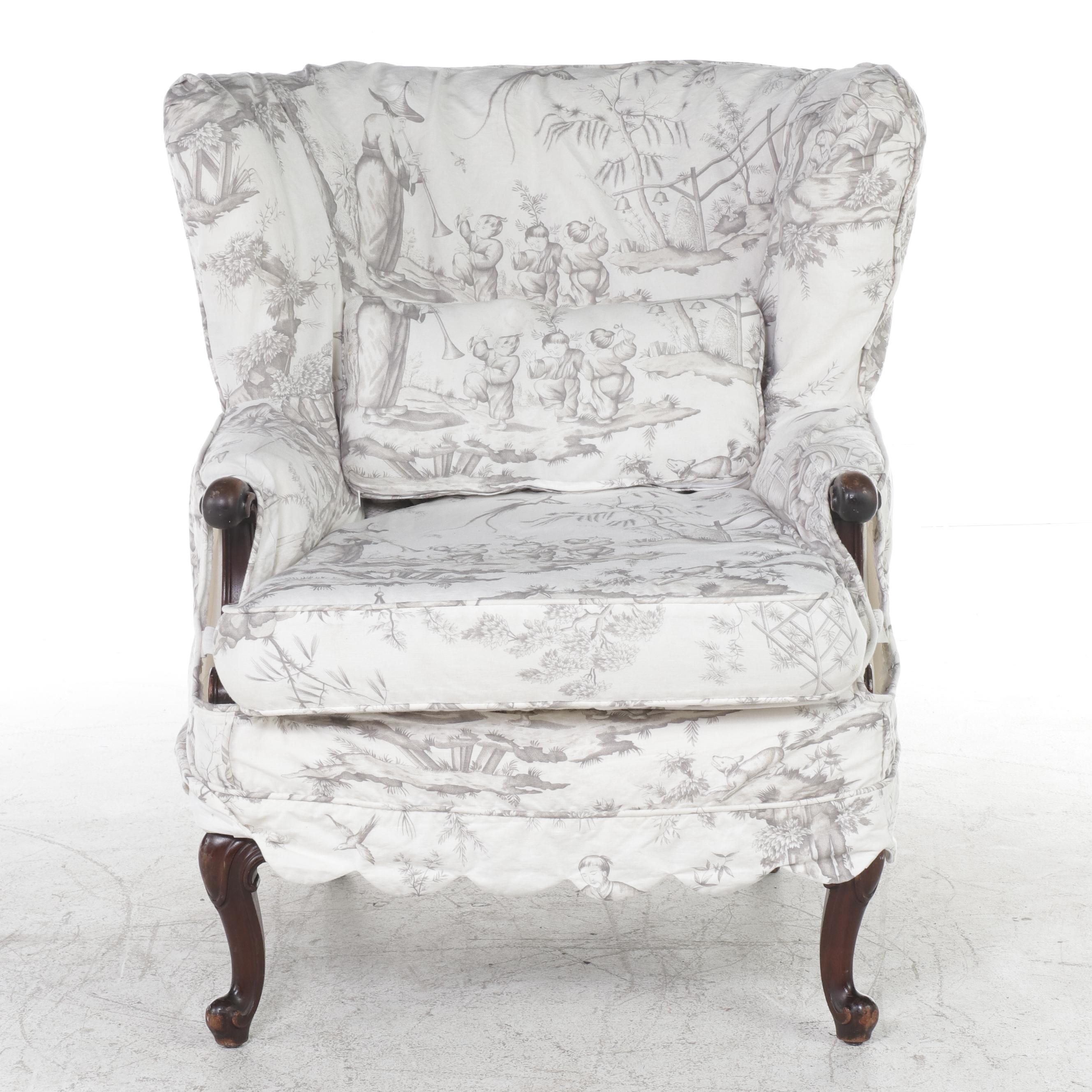Toile Slip-Covered Wingback Chair