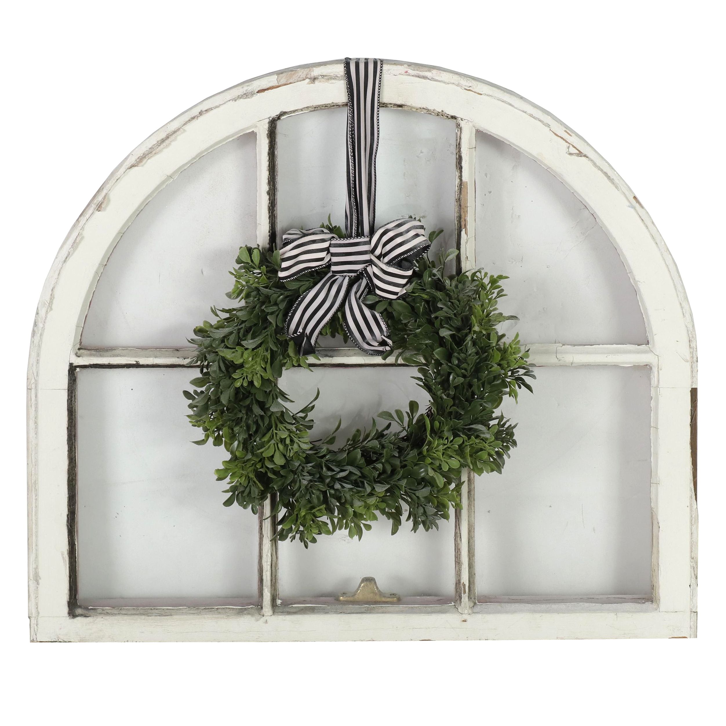 Painted Arched Six-Pane Window Panel with Artificial Wreath