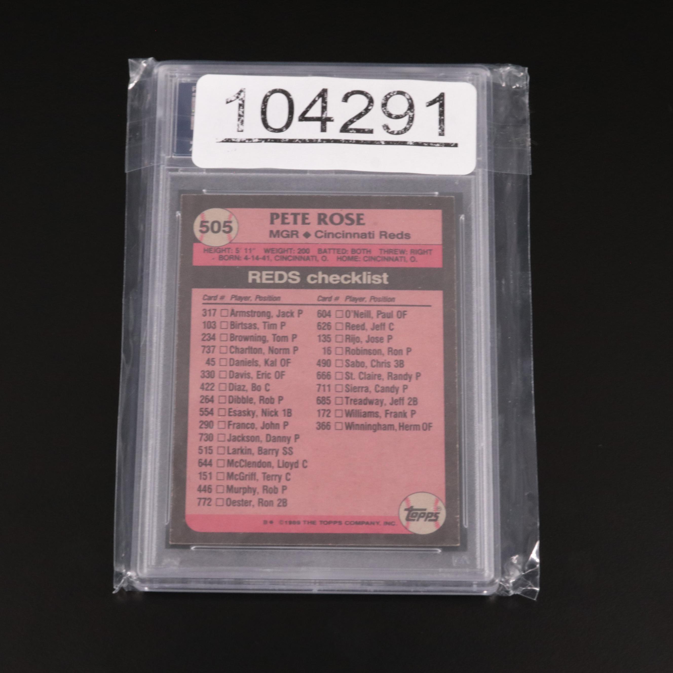 1989 Topps Pete Rose Signed Cincinnati Reds Baseball Card #505 PSA Gem-MT 10