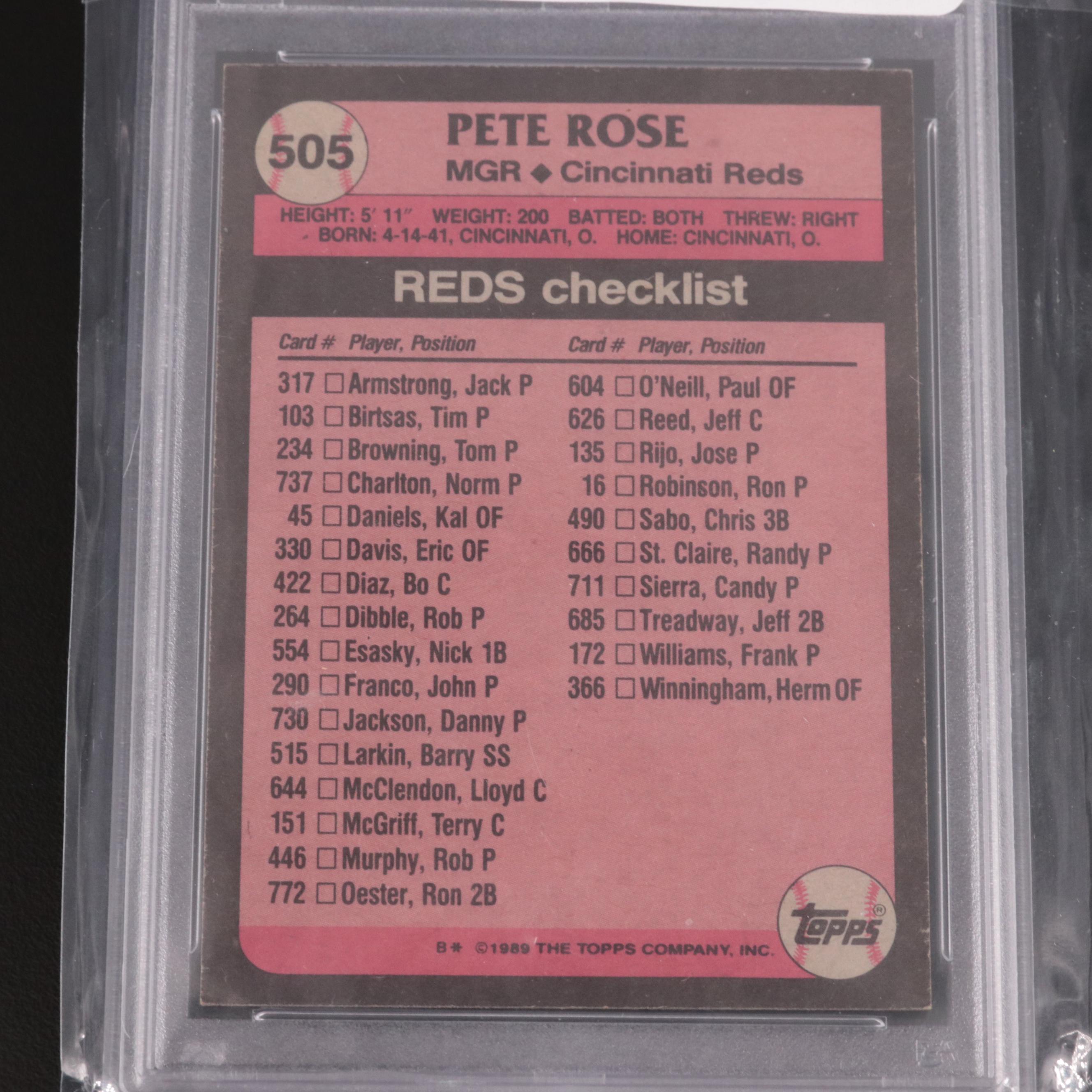 1989 Topps Pete Rose Signed Cincinnati Reds Baseball Card #505 PSA Gem-MT 10