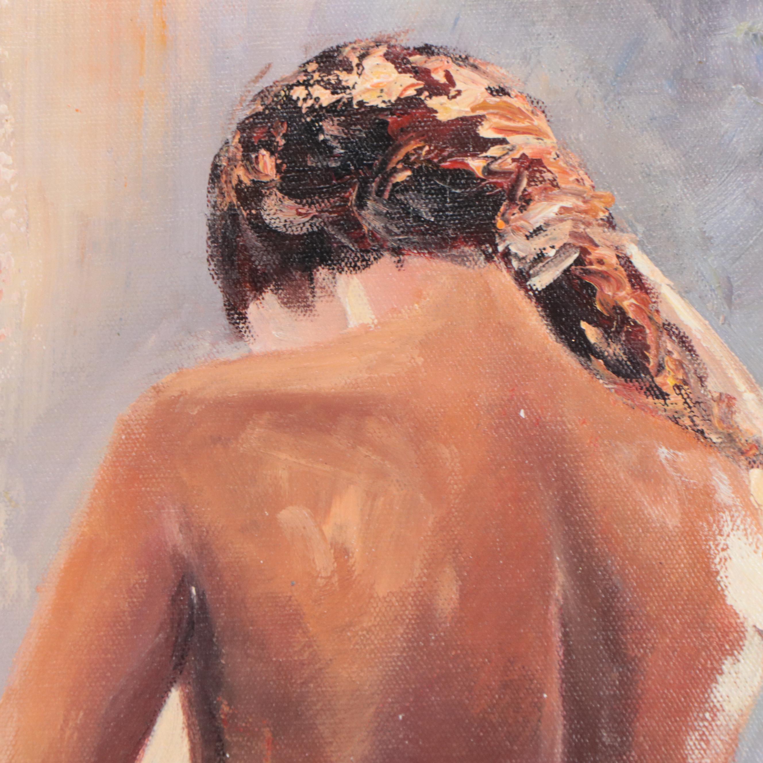 Bing Oil Painting of Standing Woman in Backless Dress