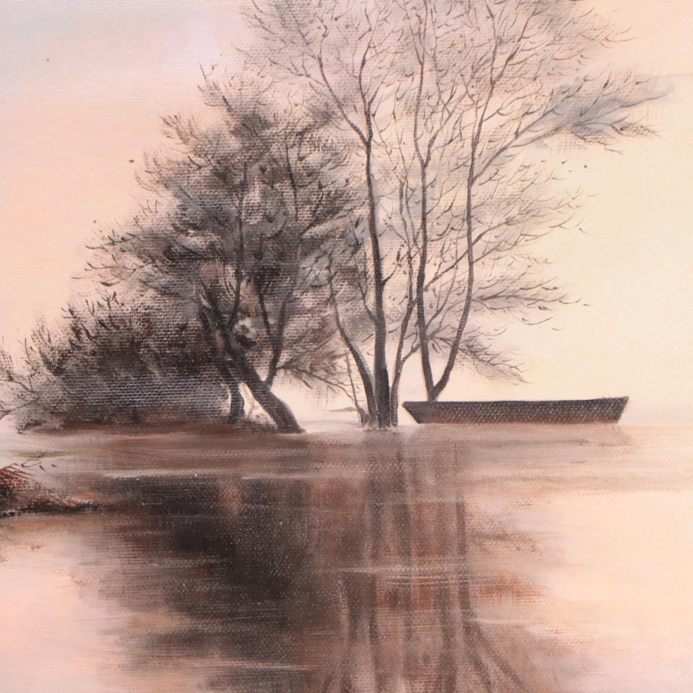 Medici Oil Painting of Boat on Serene Pond With Tree