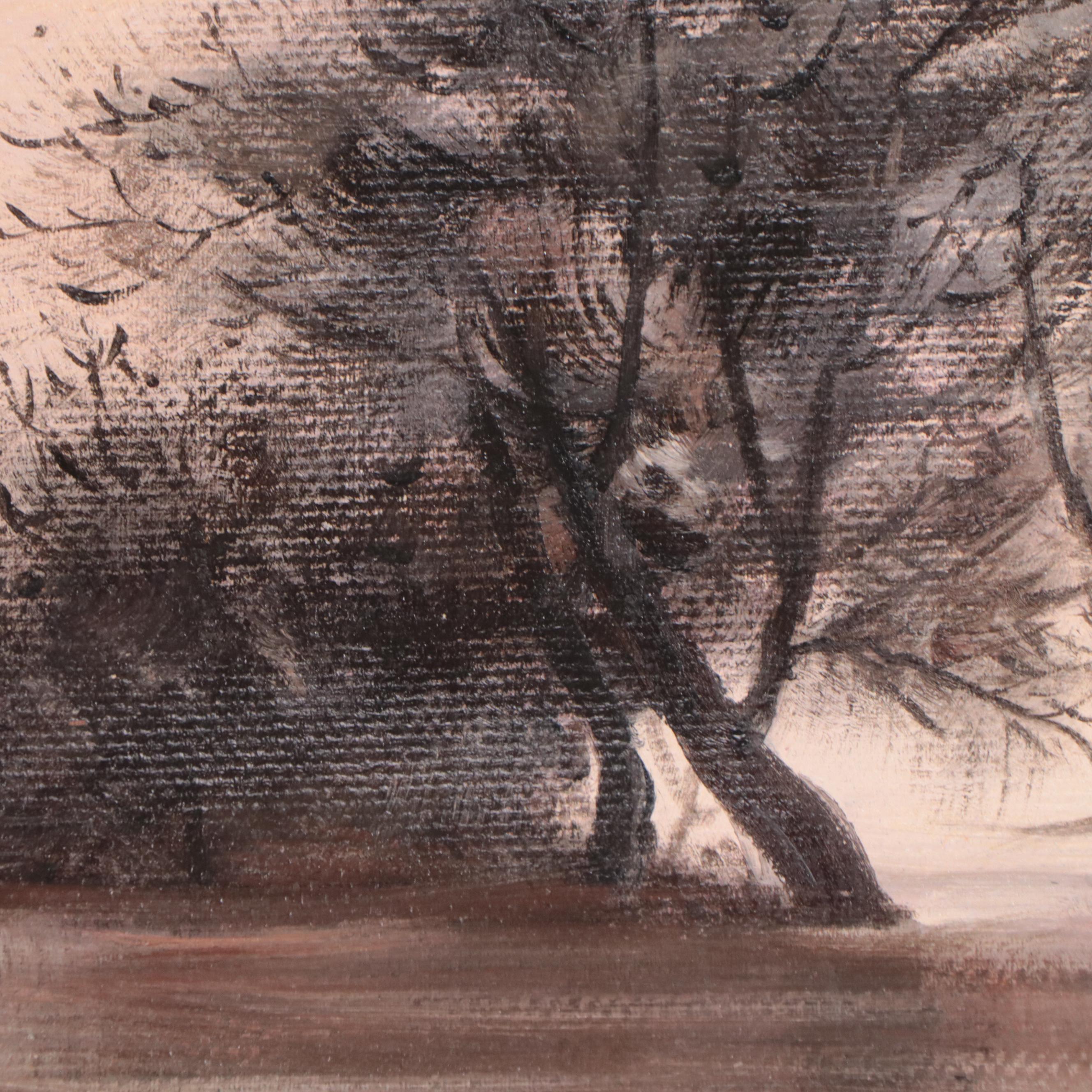 Medici Oil Painting of Boat on Serene Pond With Tree