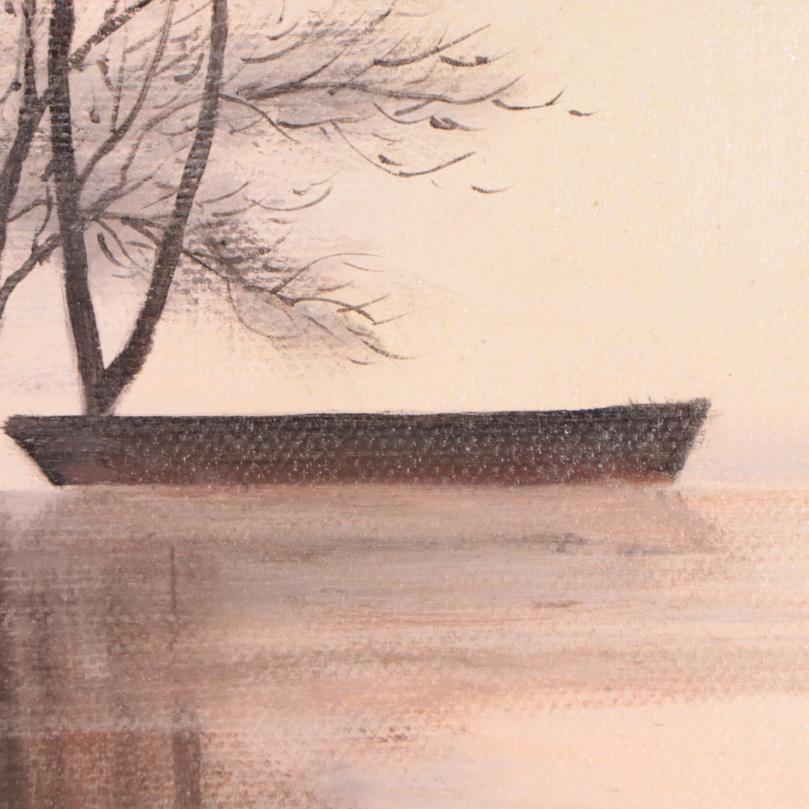 Medici Oil Painting of Boat on Serene Pond With Tree