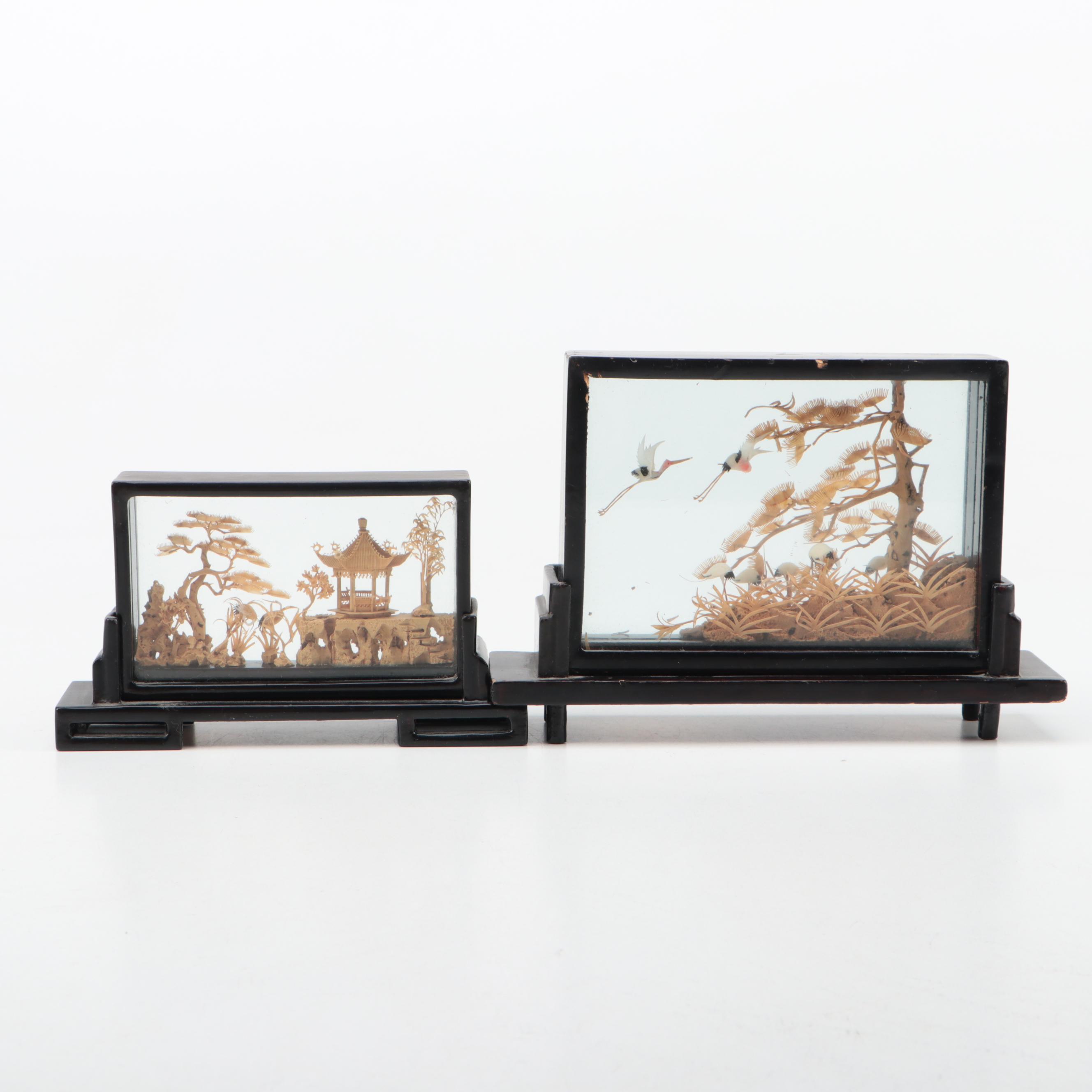 Chinese Carved Cork and Shell Dioramas With Cranes in Lacquer Frames