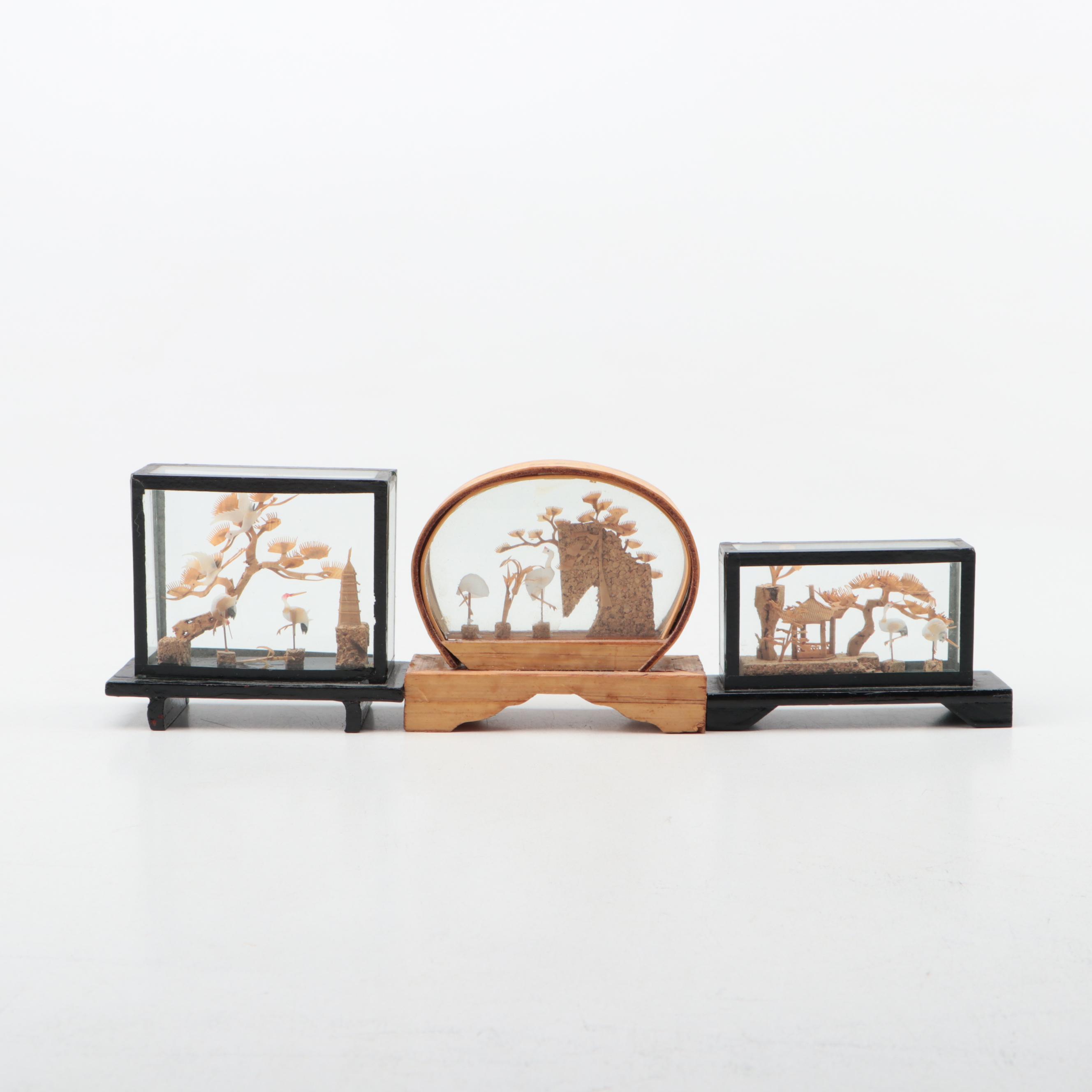 Chinese Carved Cork and Shell Dioramas With Cranes in Lacquer Frames