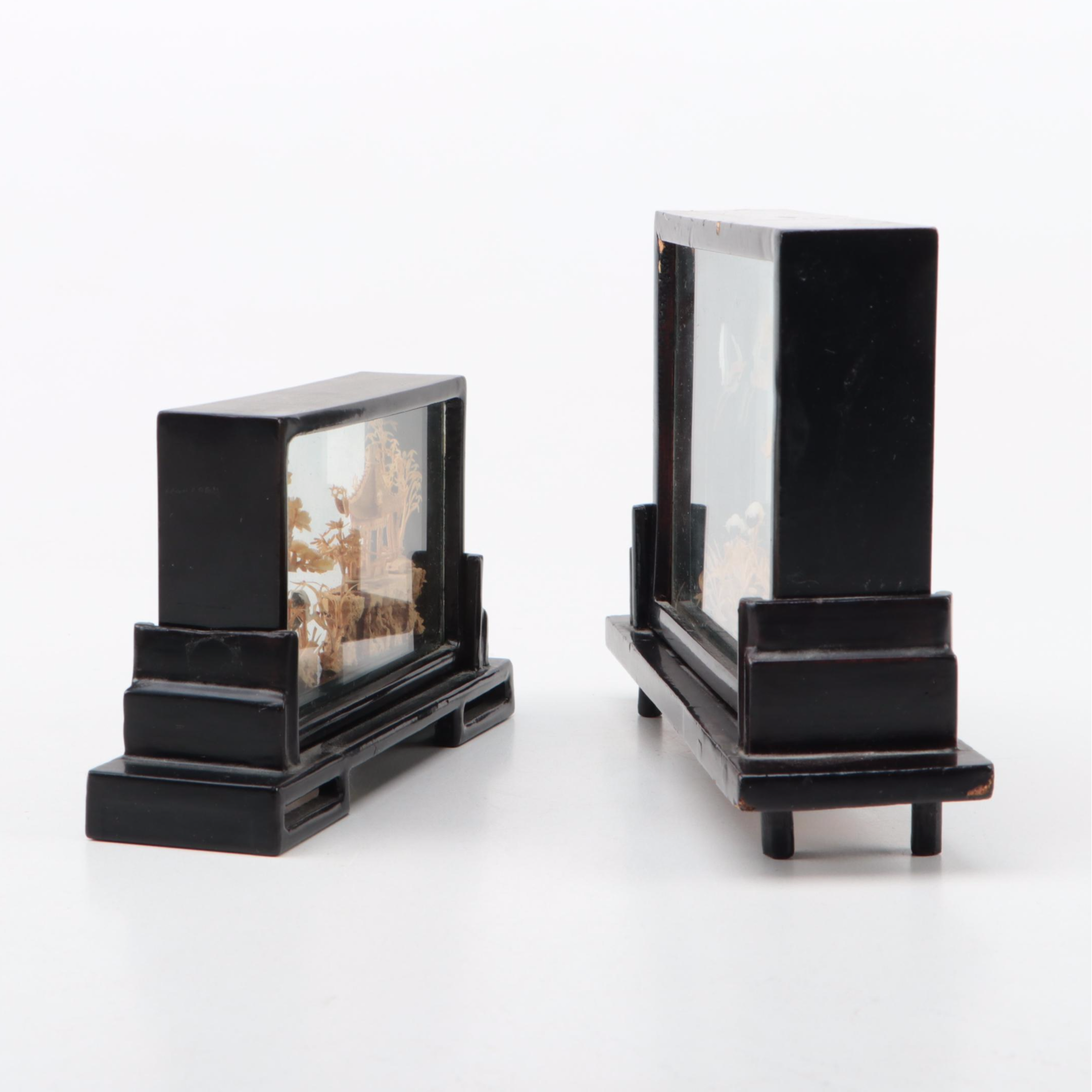 Chinese Carved Cork and Shell Dioramas With Cranes in Lacquer Frames