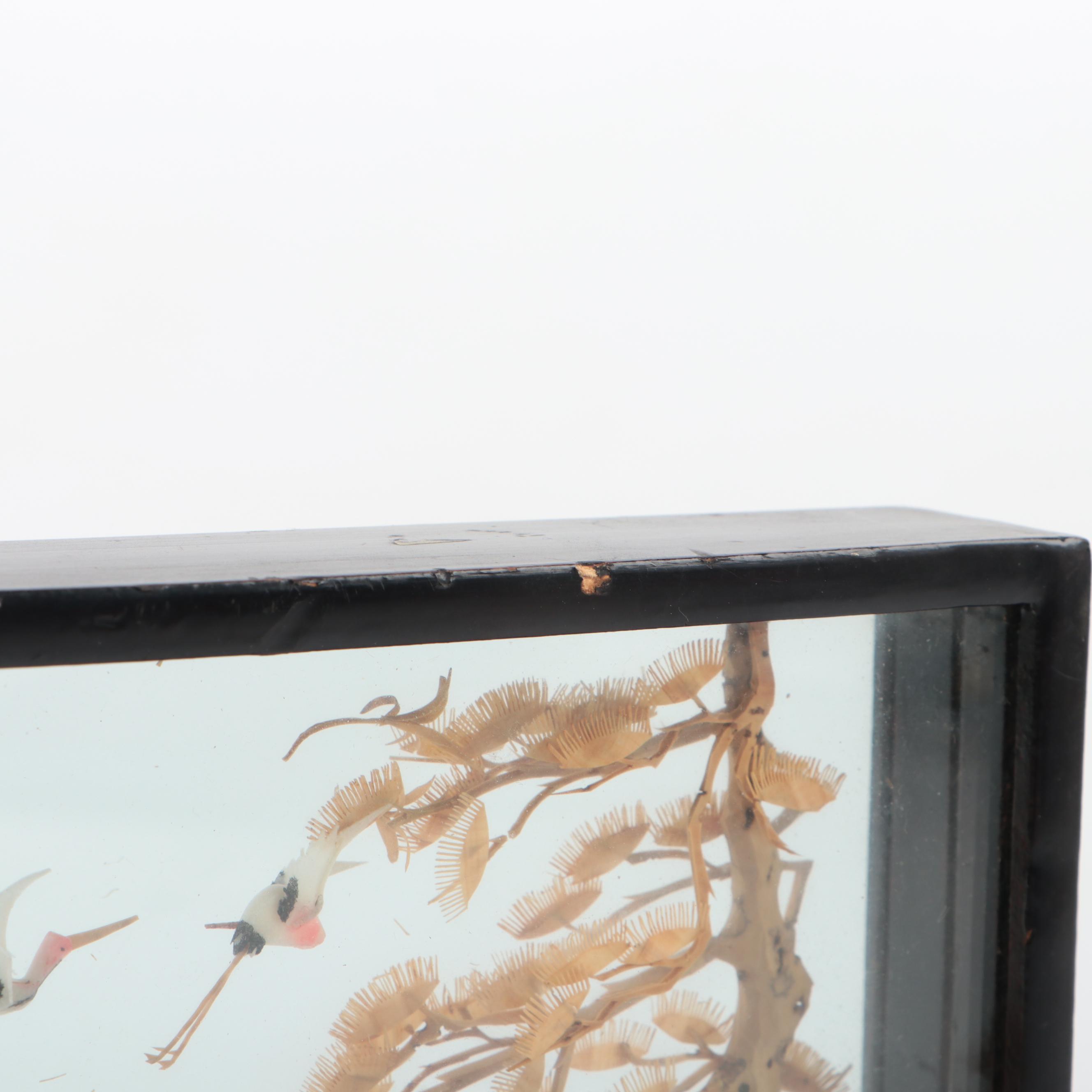 Chinese Carved Cork and Shell Dioramas With Cranes in Lacquer Frames