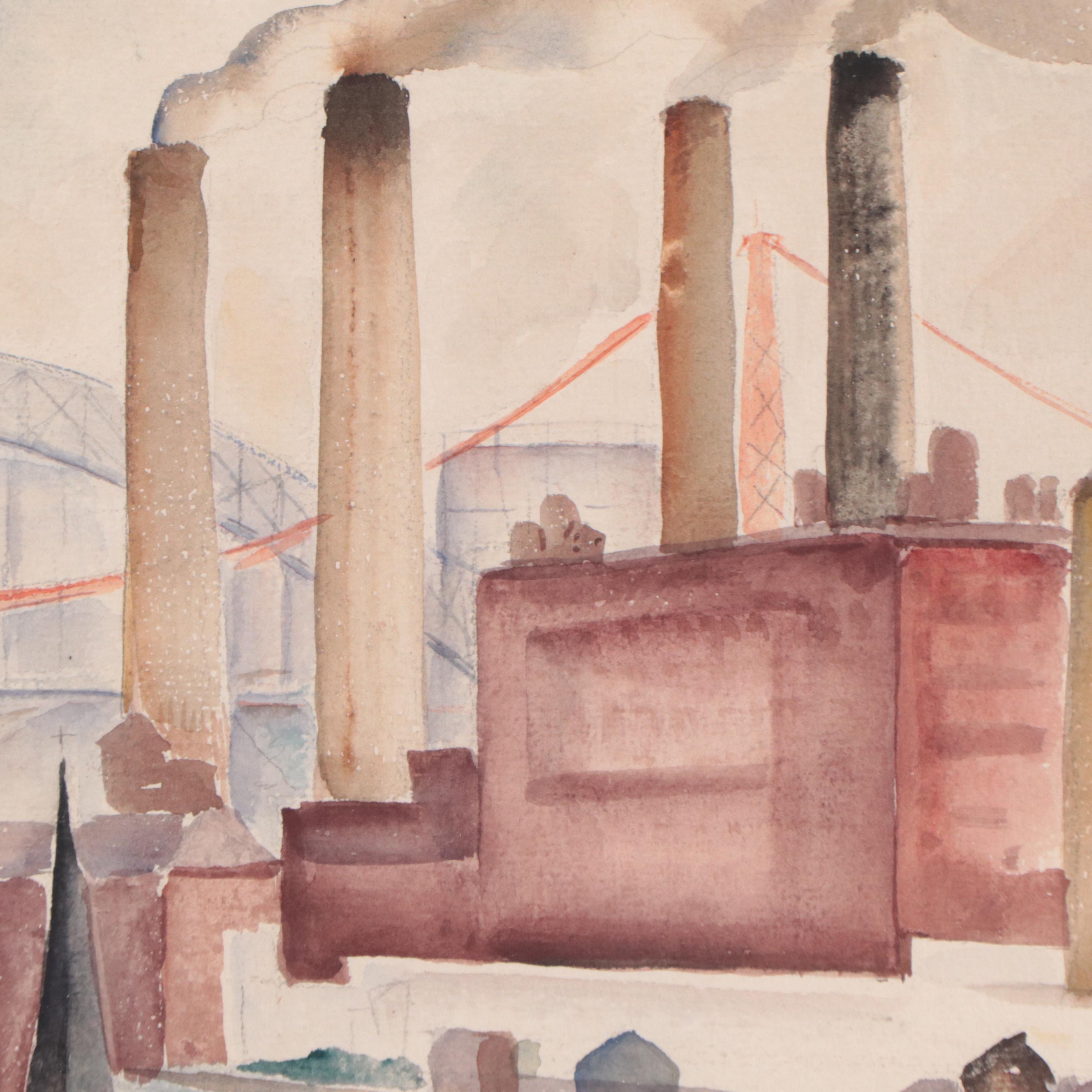 William L'Engle Industrial City Landscape Watercolor Painting, 1935