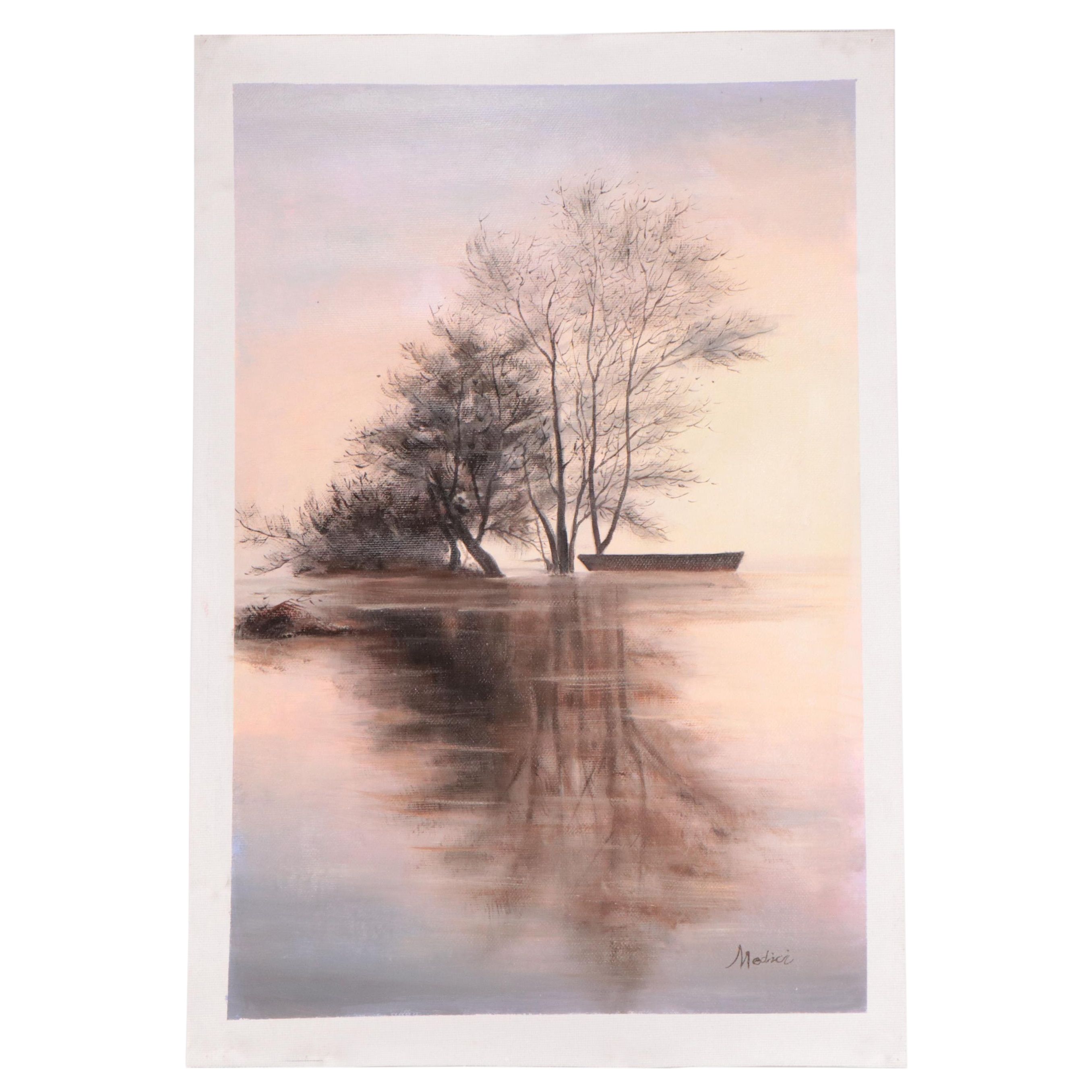 Medici Oil Painting of Boat on Serene Pond With Tree