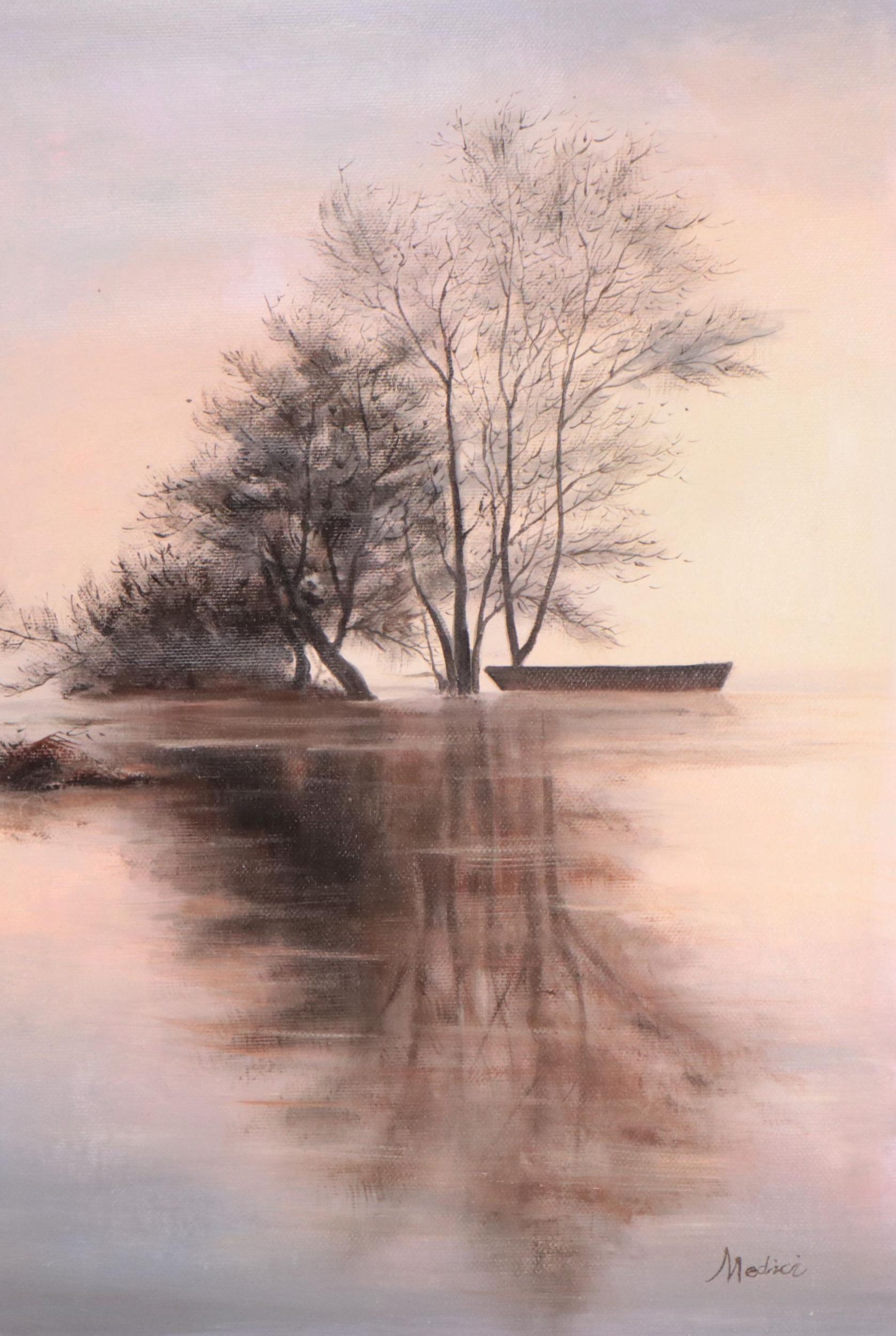 Medici Oil Painting of Boat on Serene Pond With Tree