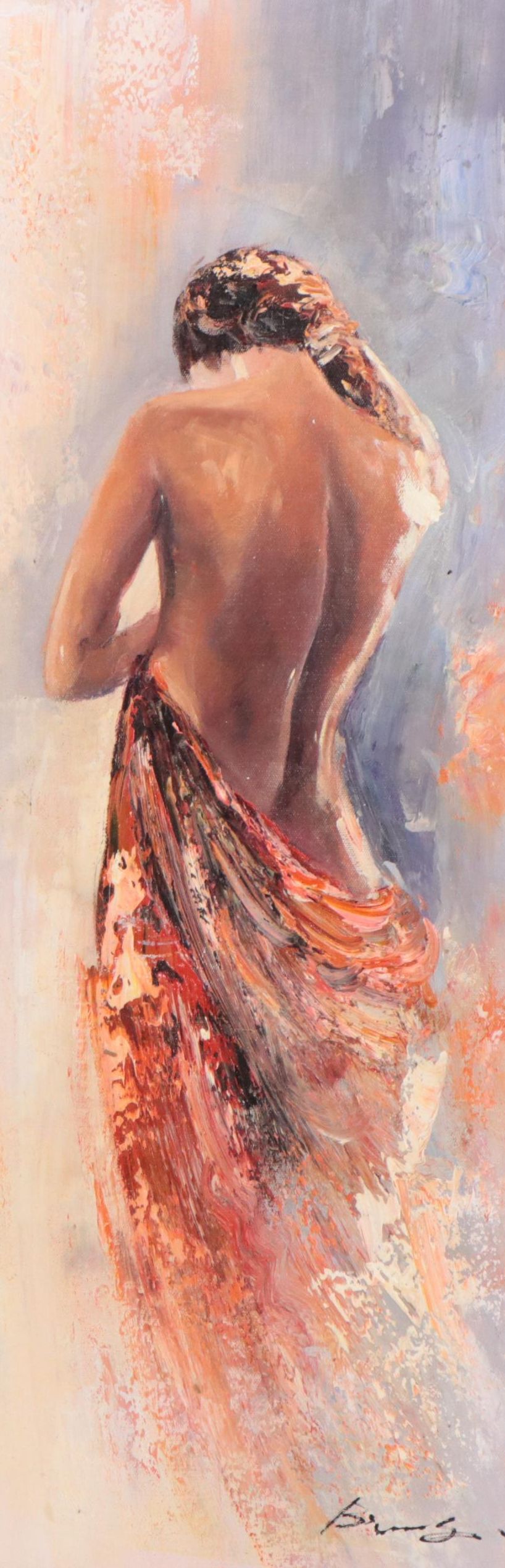 Bing Oil Painting of Standing Woman in Backless Dress