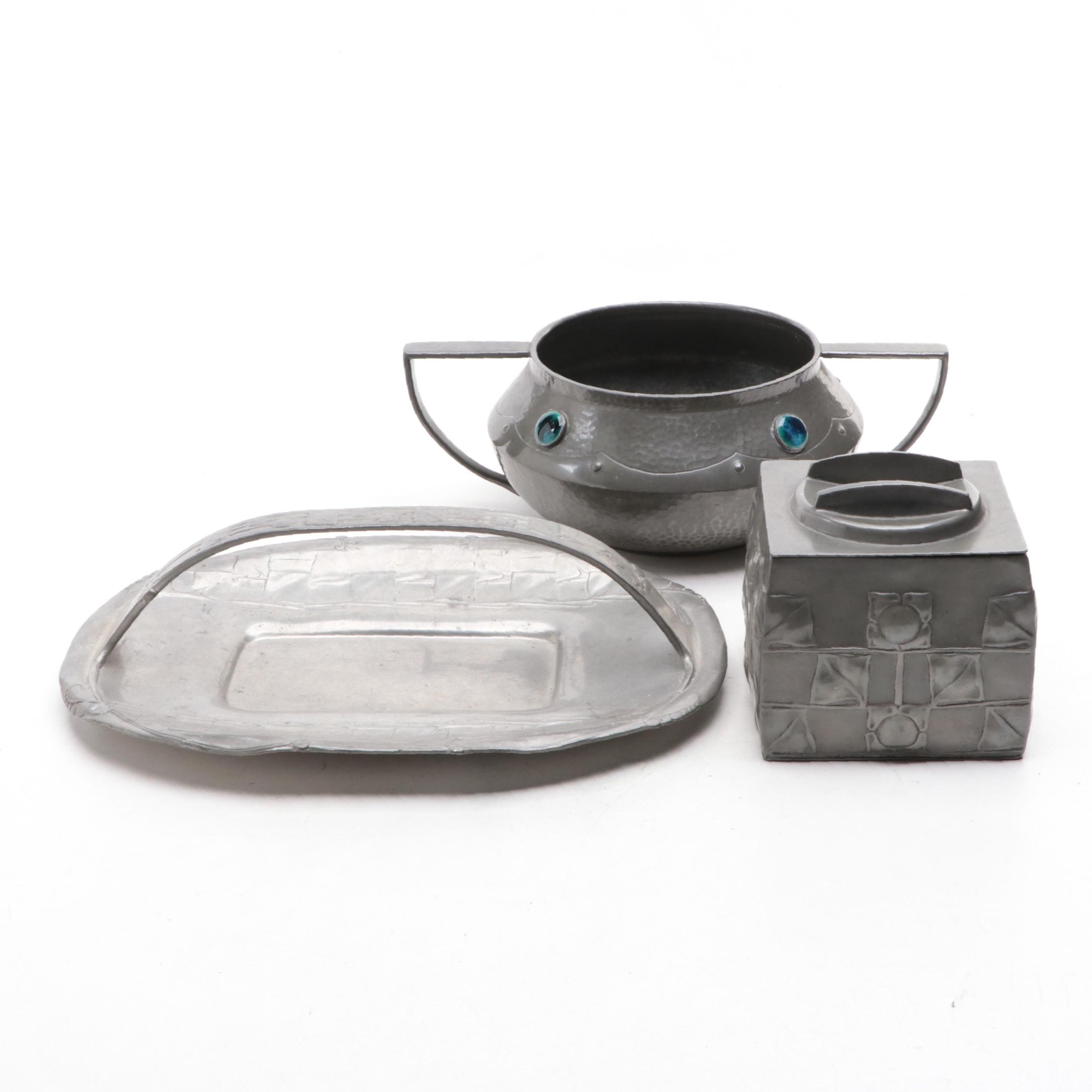 Liberty & Co. Tudric, English Pewter Tray, Bowl with Enamel and Tea Caddy