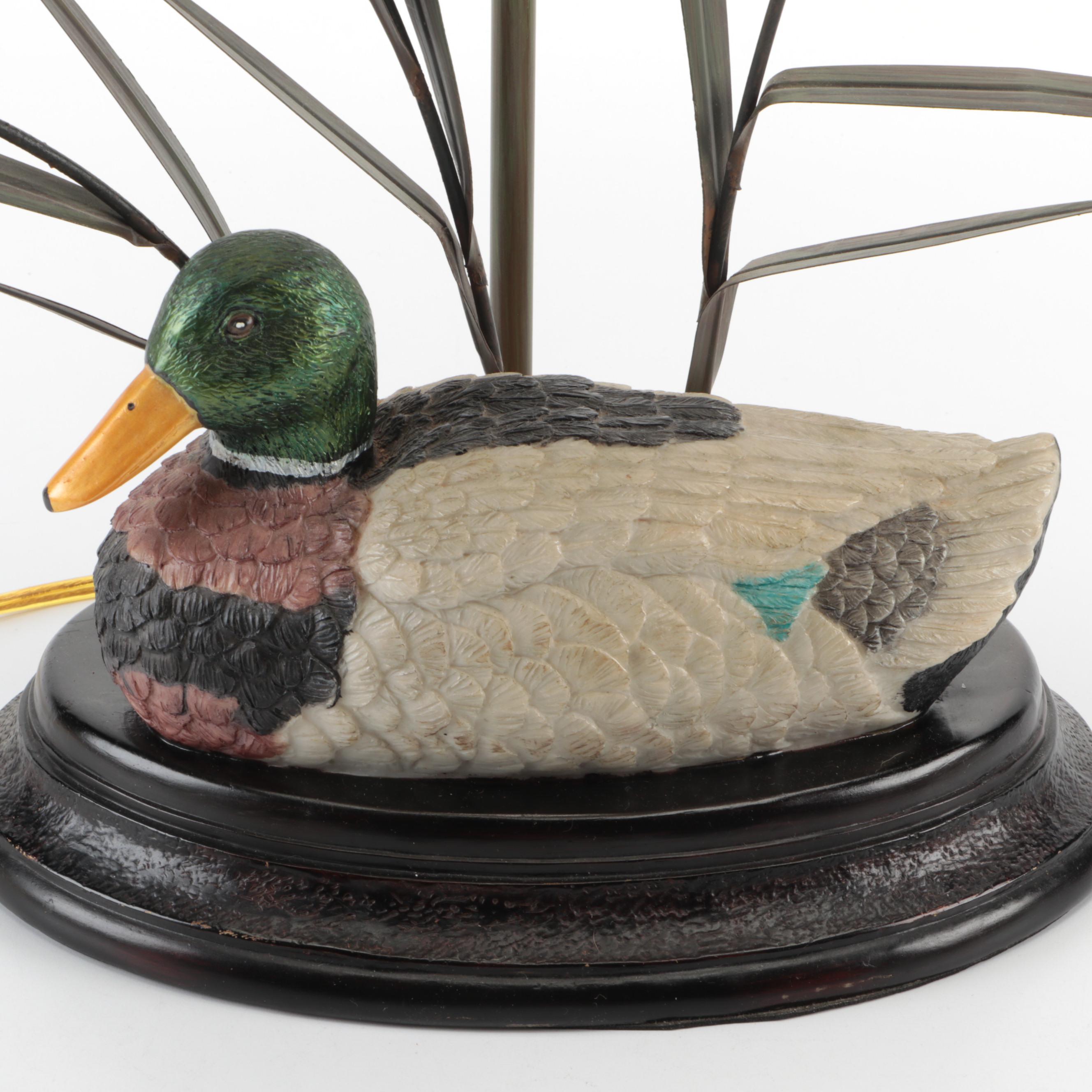 Mallard Duck With Cattails Table Lamp and Porcelain Mallard Duck