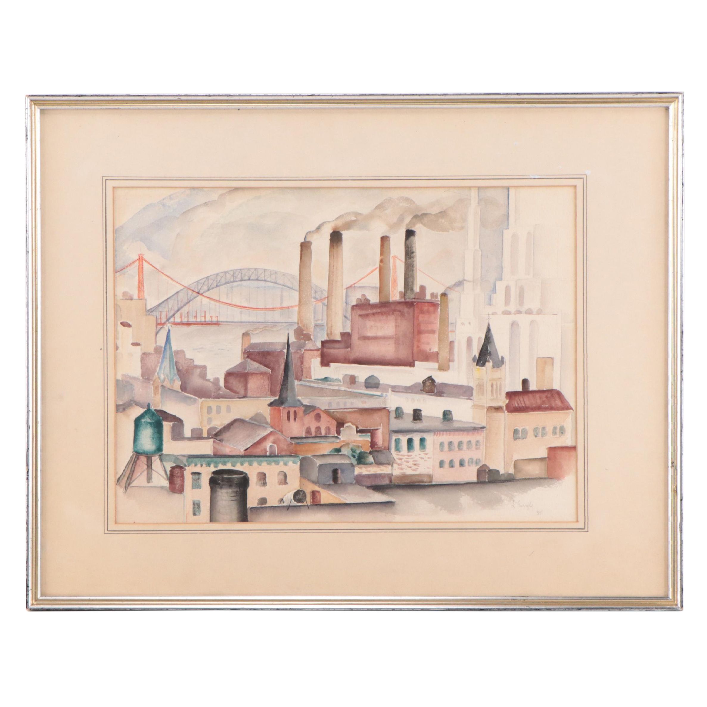 William L'Engle Industrial City Landscape Watercolor Painting, 1935