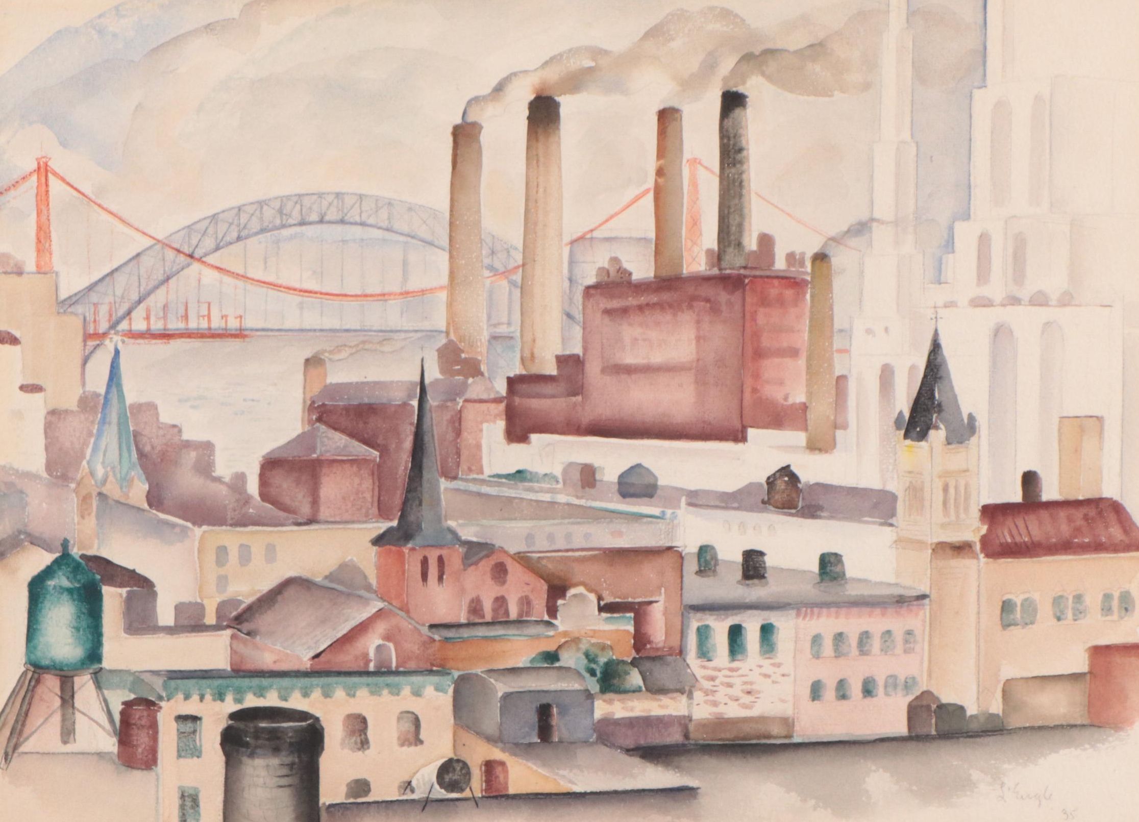 William L'Engle Industrial City Landscape Watercolor Painting, 1935