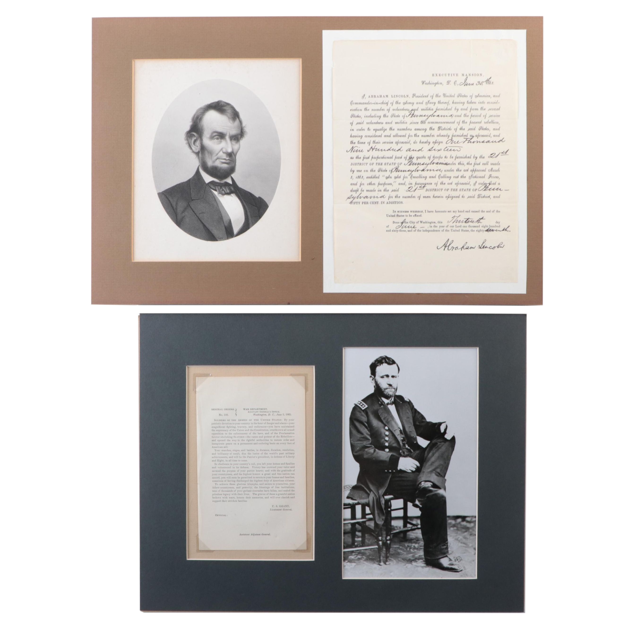 Facsimile Abraham Lincoln and Ulysses S. Grant Matted Displays
