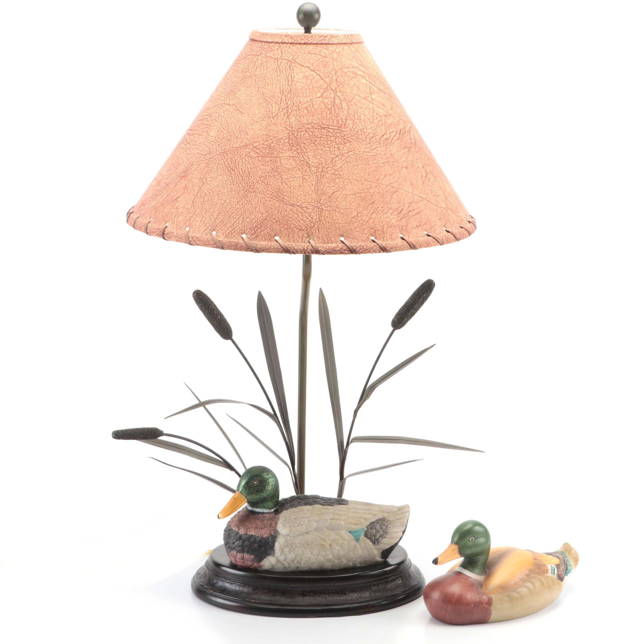 Mallard Duck With Cattails Table Lamp and Porcelain Mallard Duck