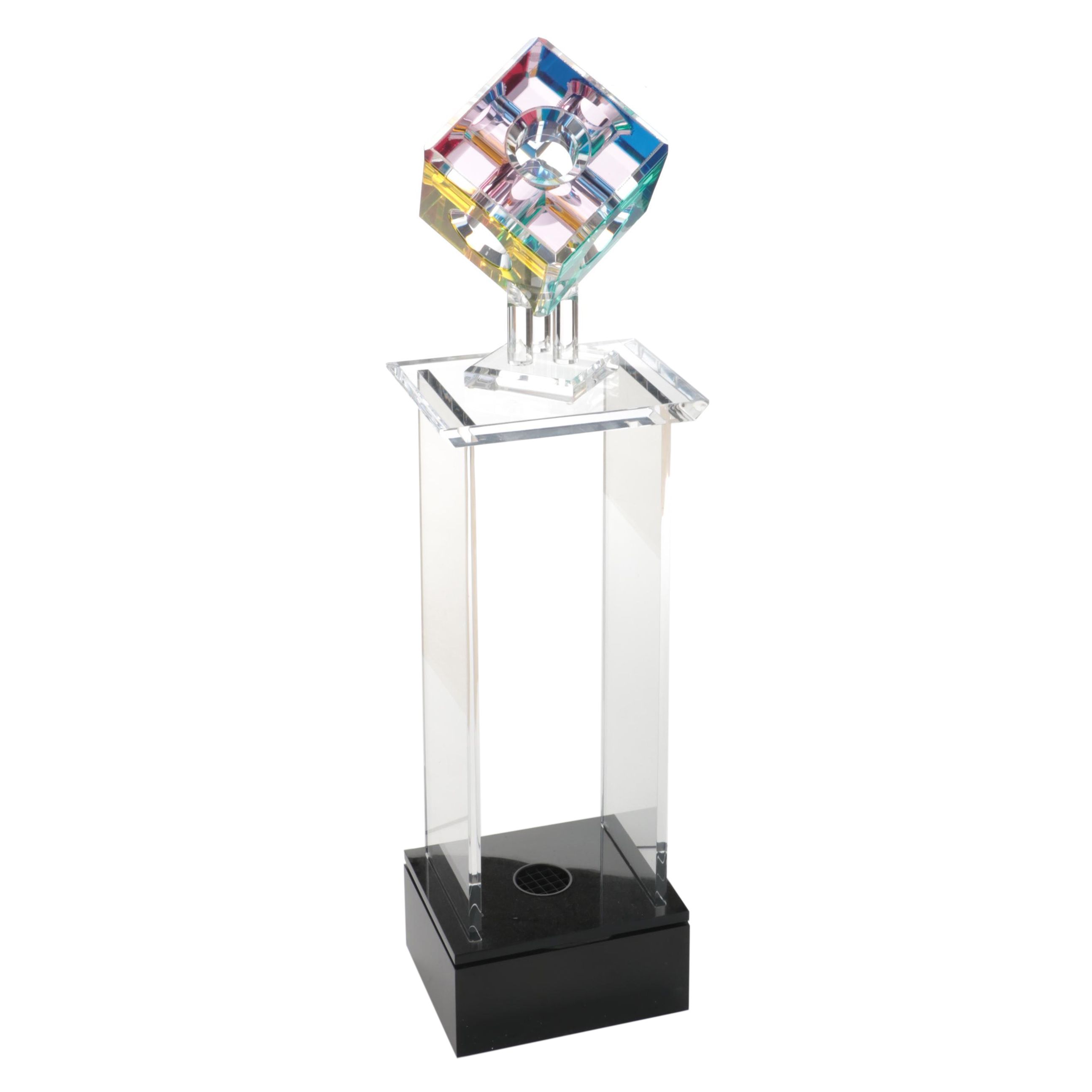 Op Art Geometric Acrylic Cube Sculpture In the Style of Shlomi Haziza