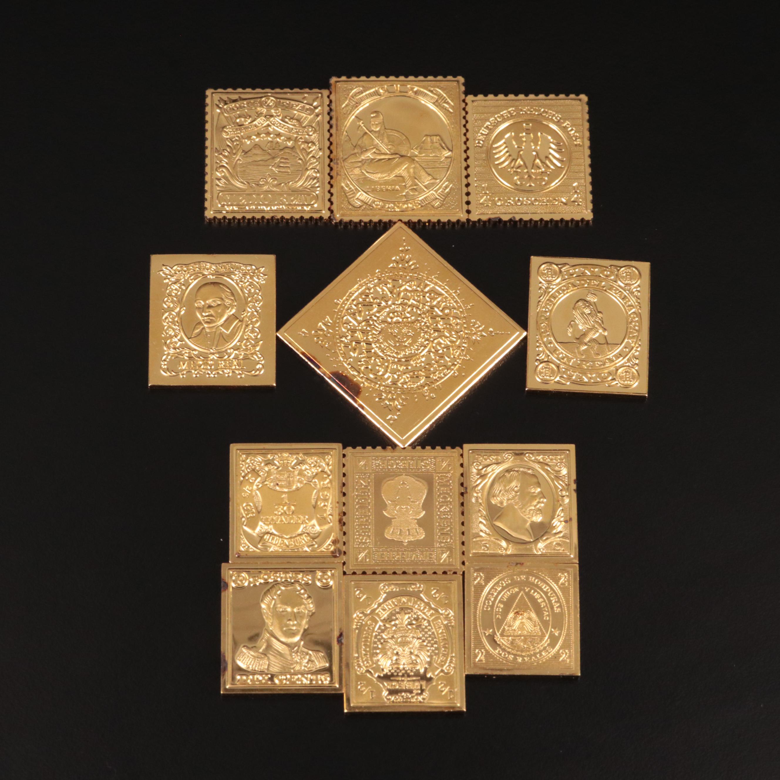 Group of Twelve Gold Plated Sterling Silver Bars With Coin Related Themes