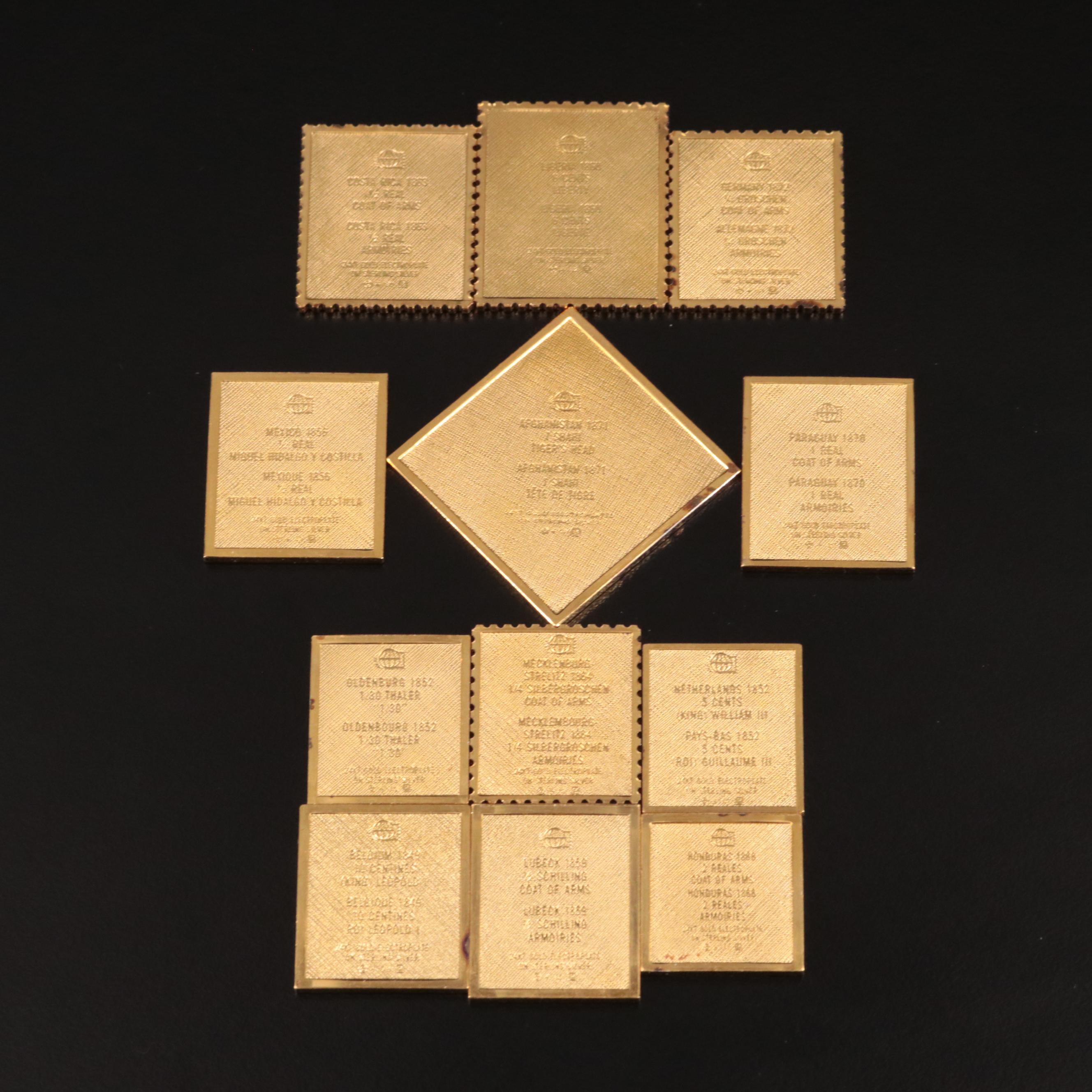 Group of Twelve Gold Plated Sterling Silver Bars With Coin Related Themes