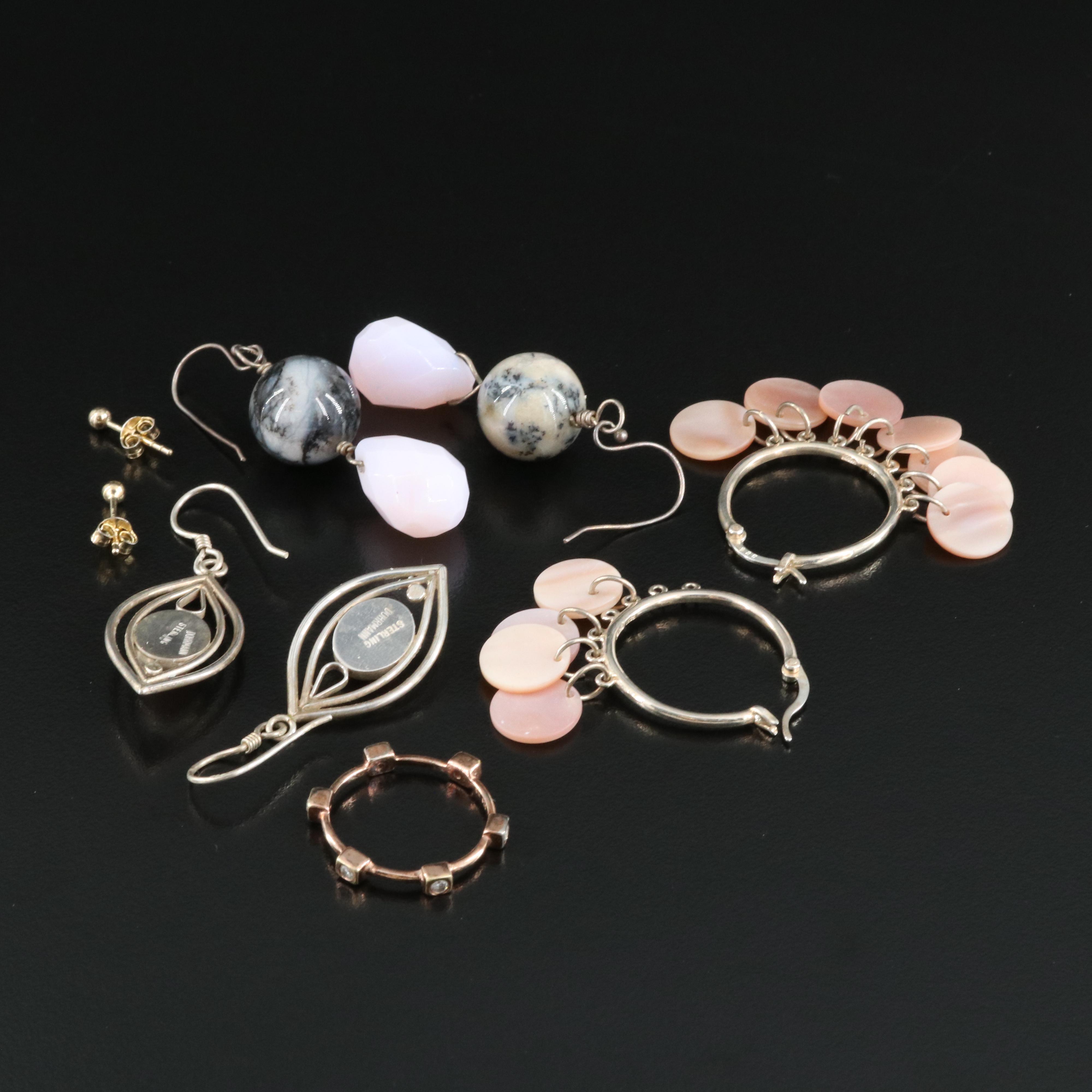 Sterling Earrings and Ring Including Rhodochrosite, Agate and Mother of Pearl