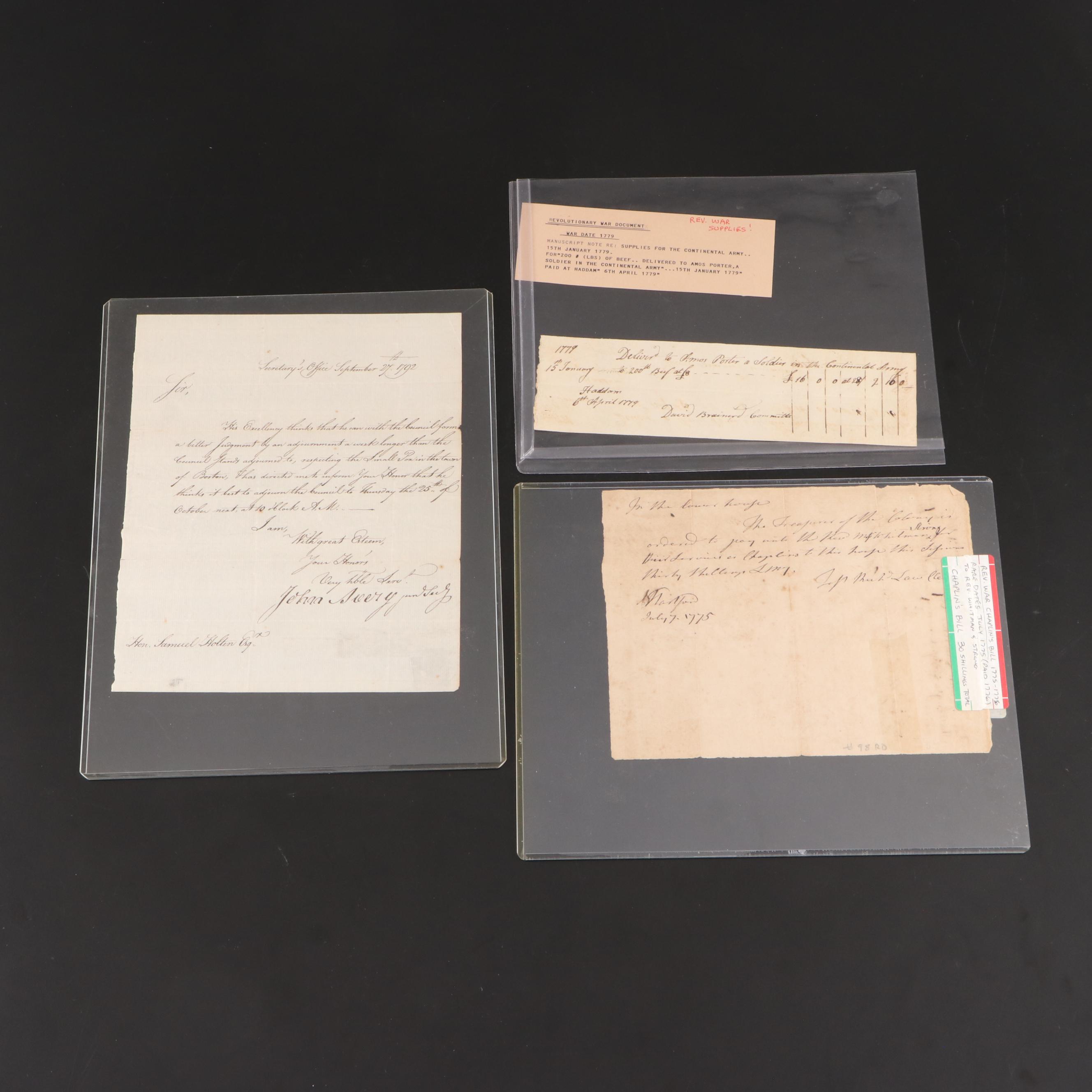 John Avery Signed Letter to Samuel Holten with Other Revolutionary Receipts