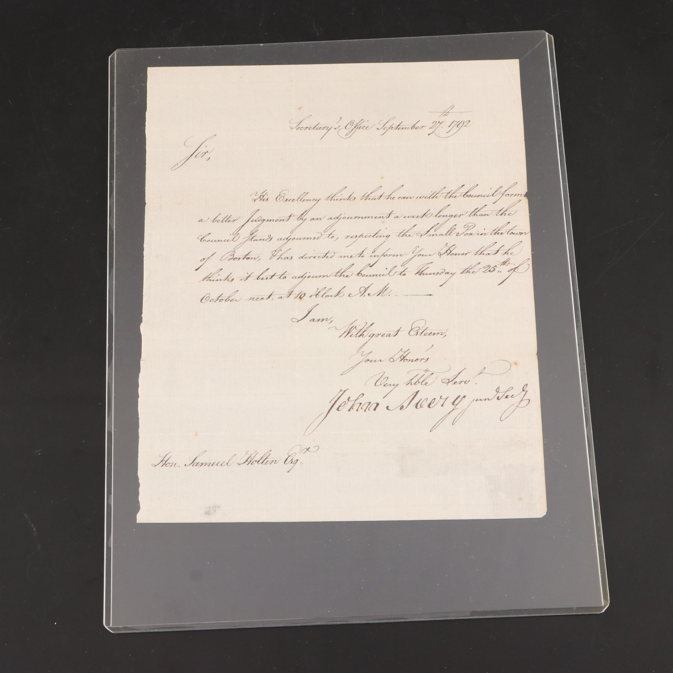 John Avery Signed Letter to Samuel Holten with Other Revolutionary Receipts