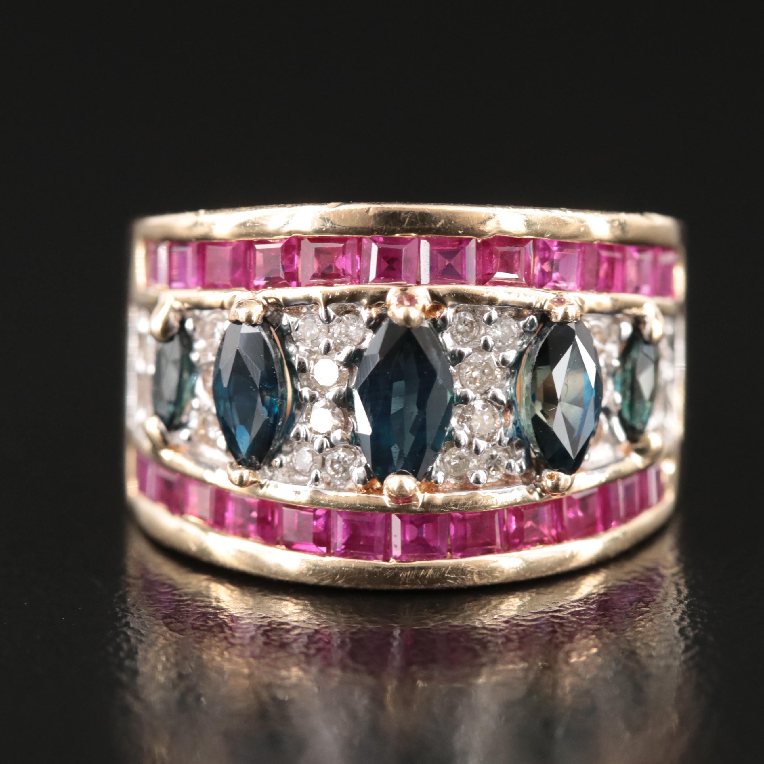 14K Sapphire, Diamond and Ruby Ring