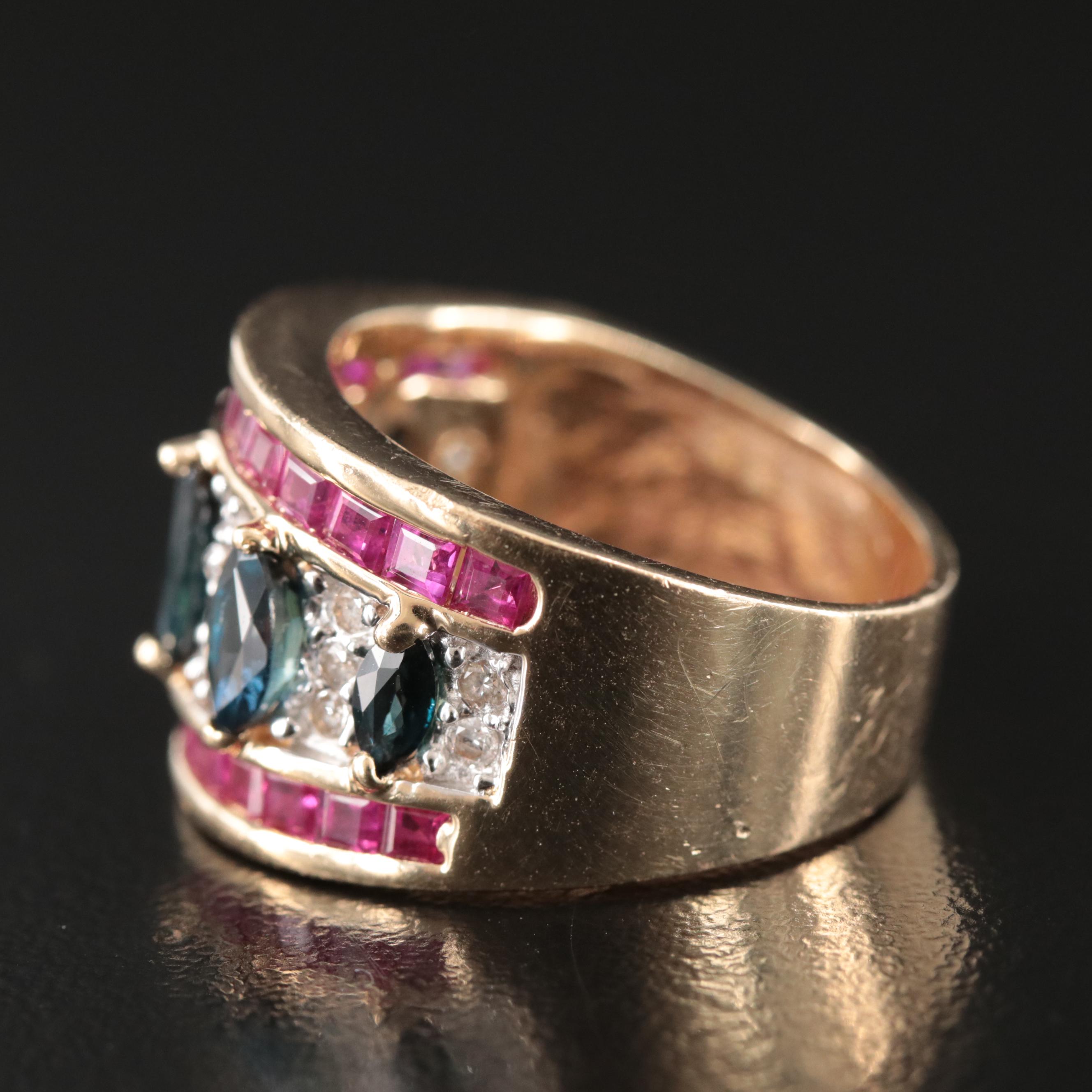 14K Sapphire, Diamond and Ruby Ring