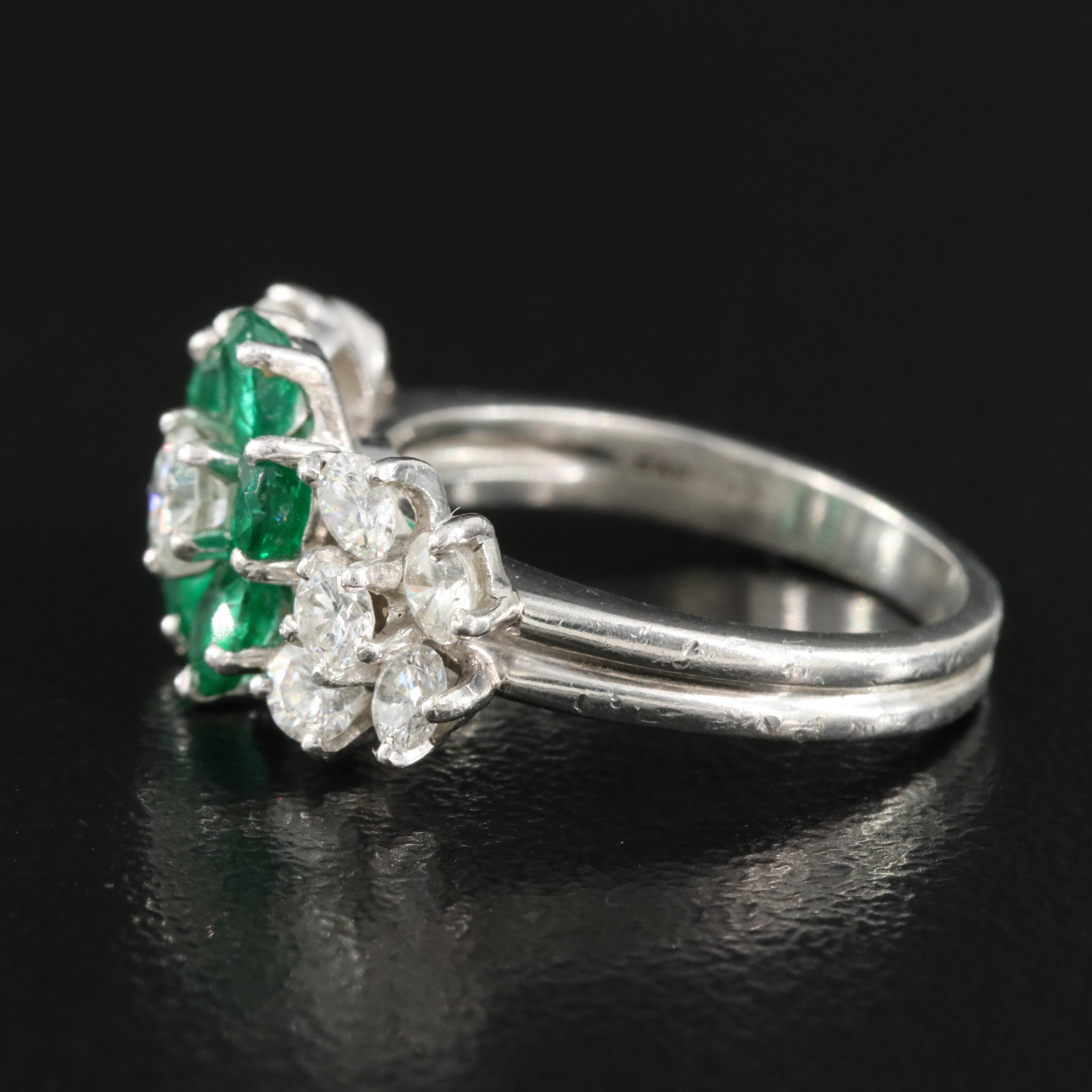 1950s Cartier Platinum Emerald and Diamond Flower Ring