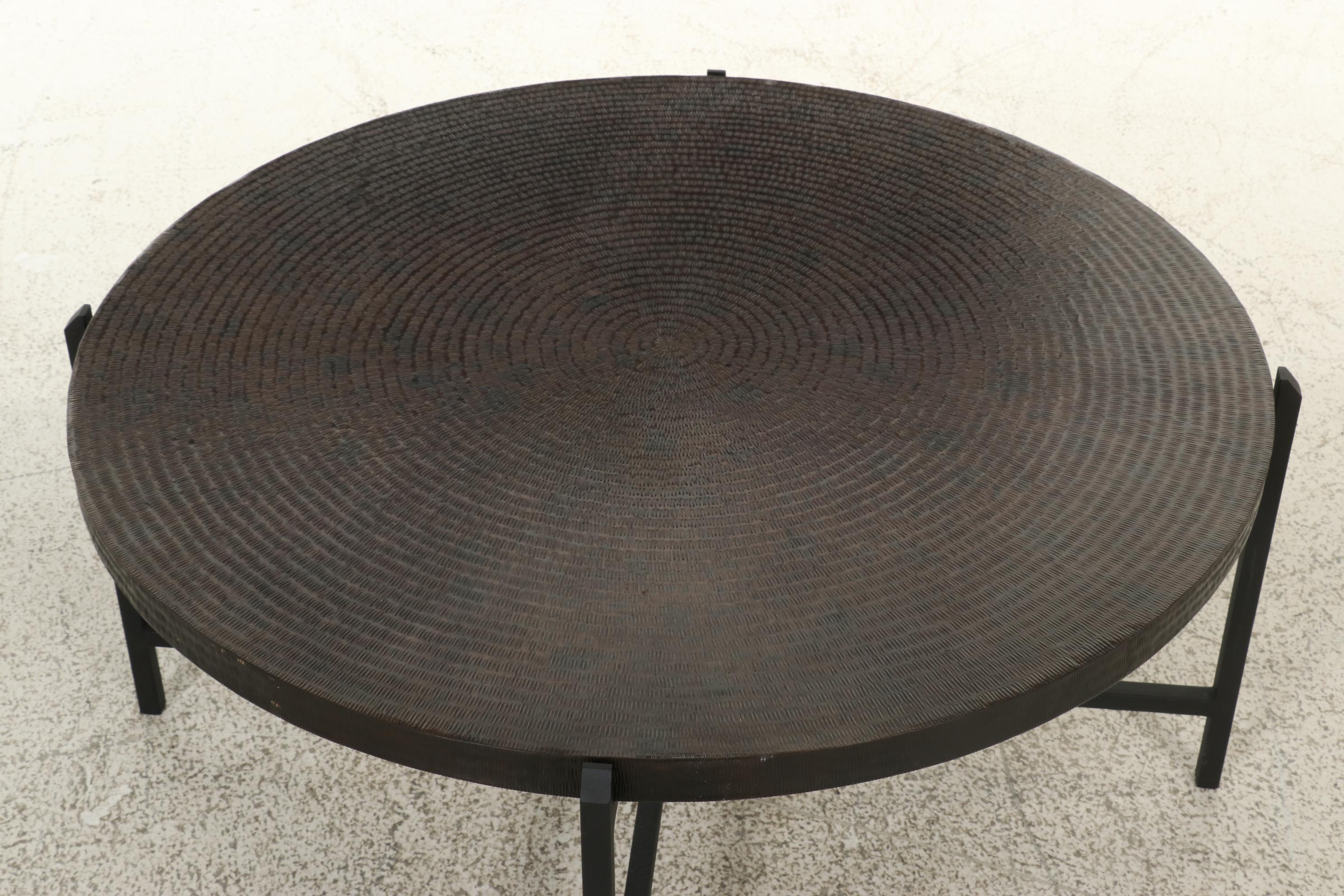 Modernist Round Hammered Metal Top Coffee Table