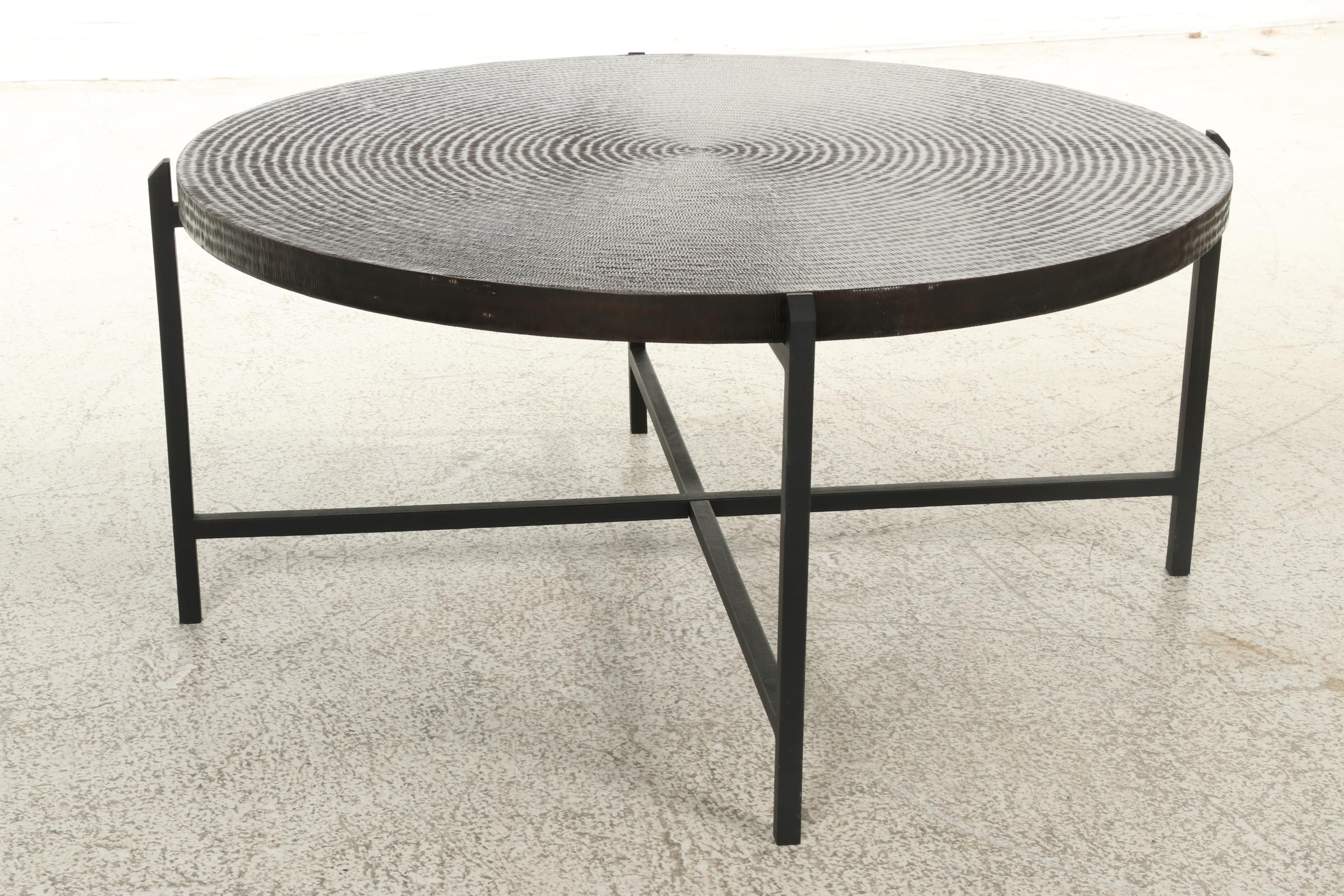 Modernist Round Hammered Metal Top Coffee Table