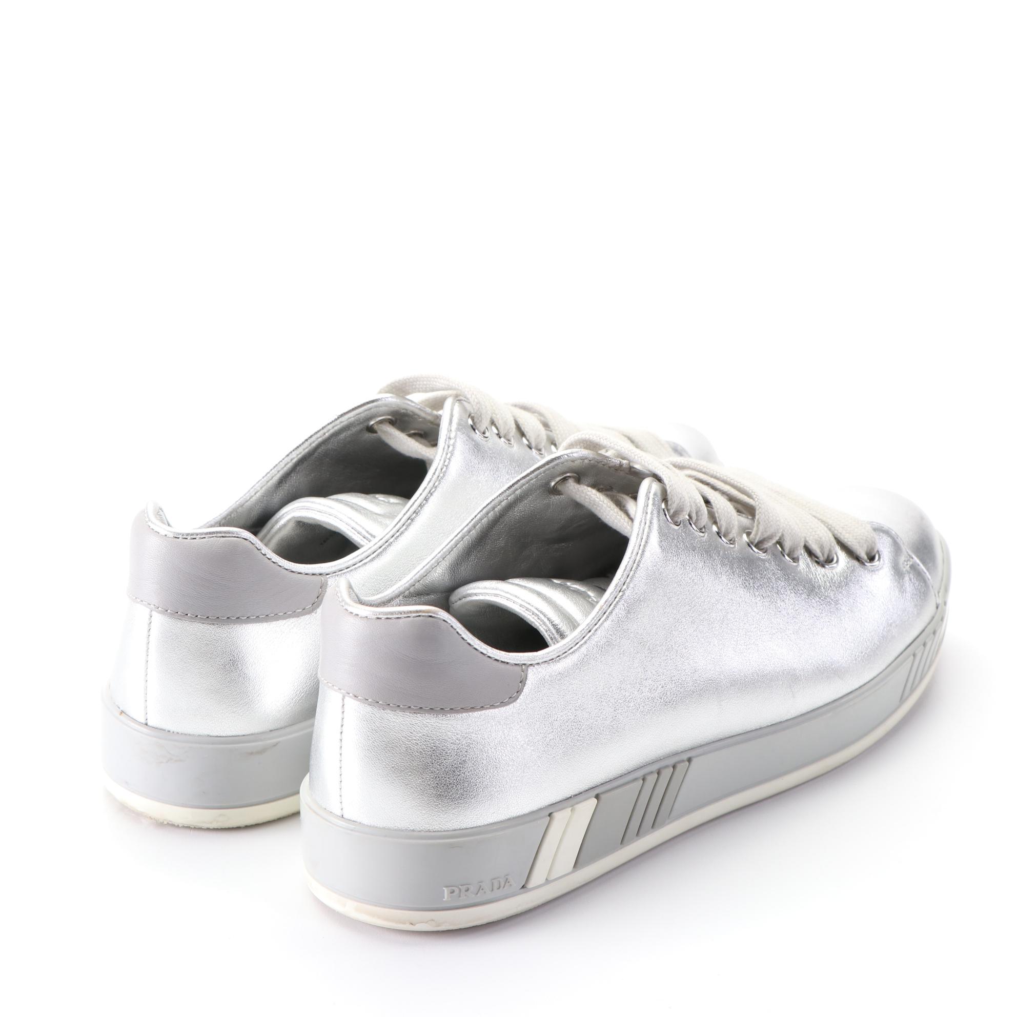 Prada Vitello Sneakers in Metallic Leather with Box