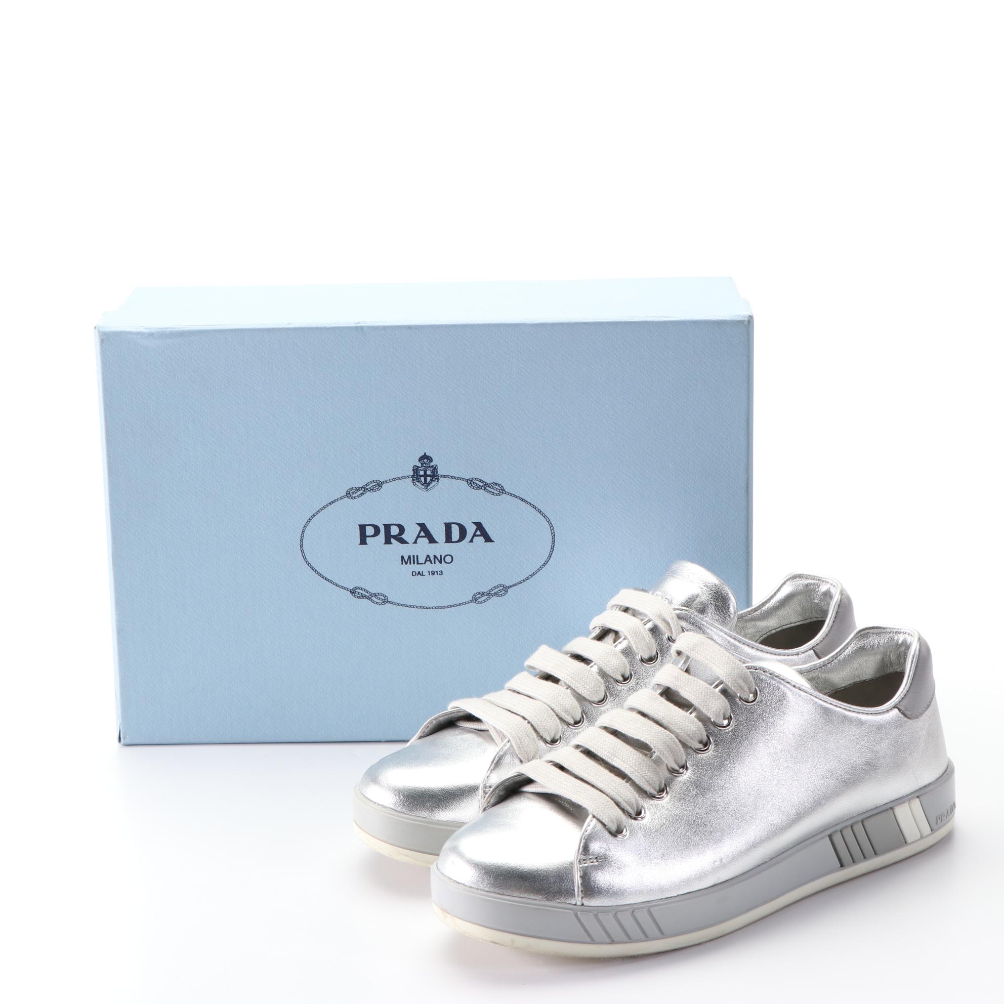 Prada Vitello Sneakers in Metallic Leather with Box