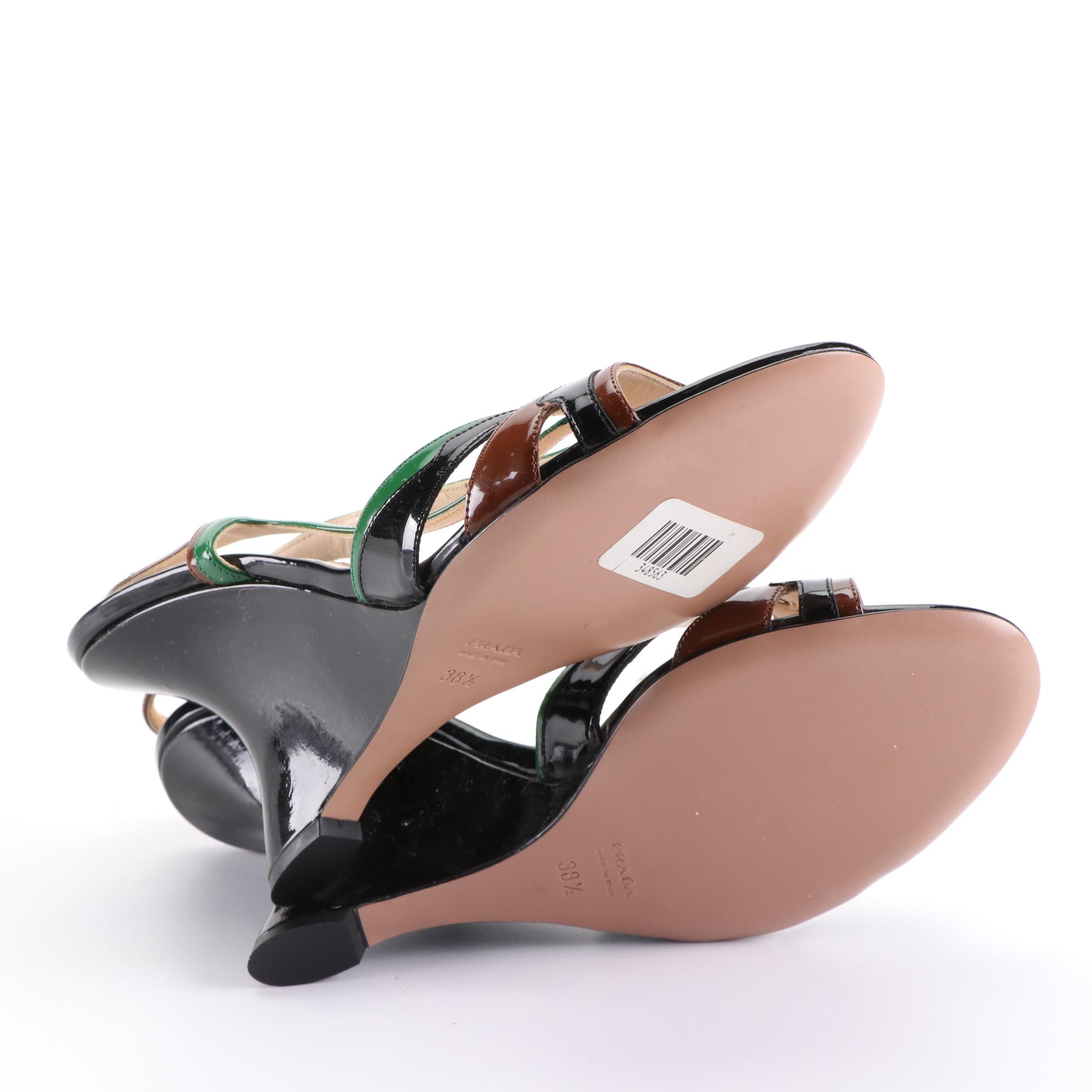 Prada Wedge Sandals in Multicolor Patent Leather