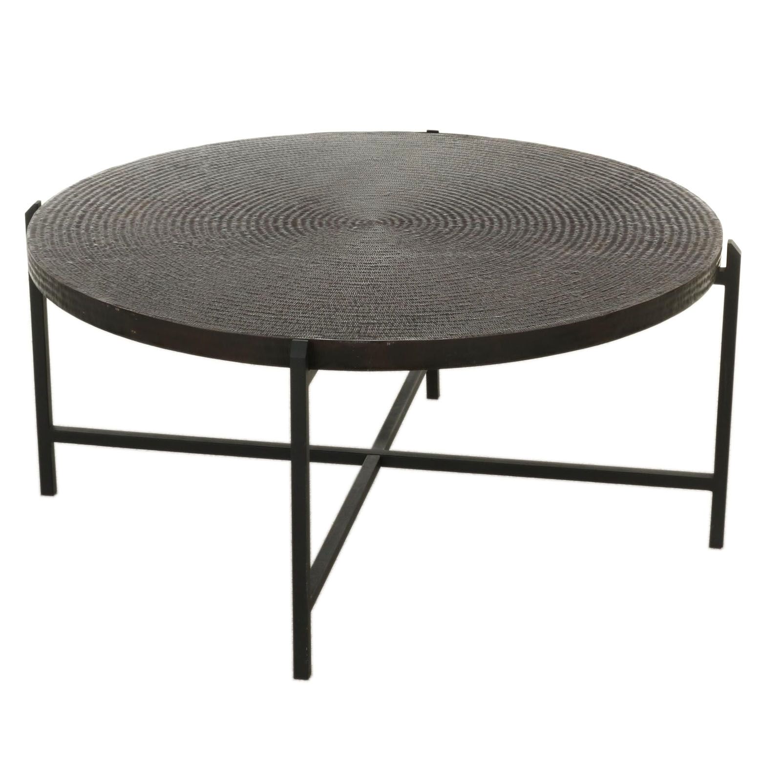 Modernist Round Hammered Metal Top Coffee Table