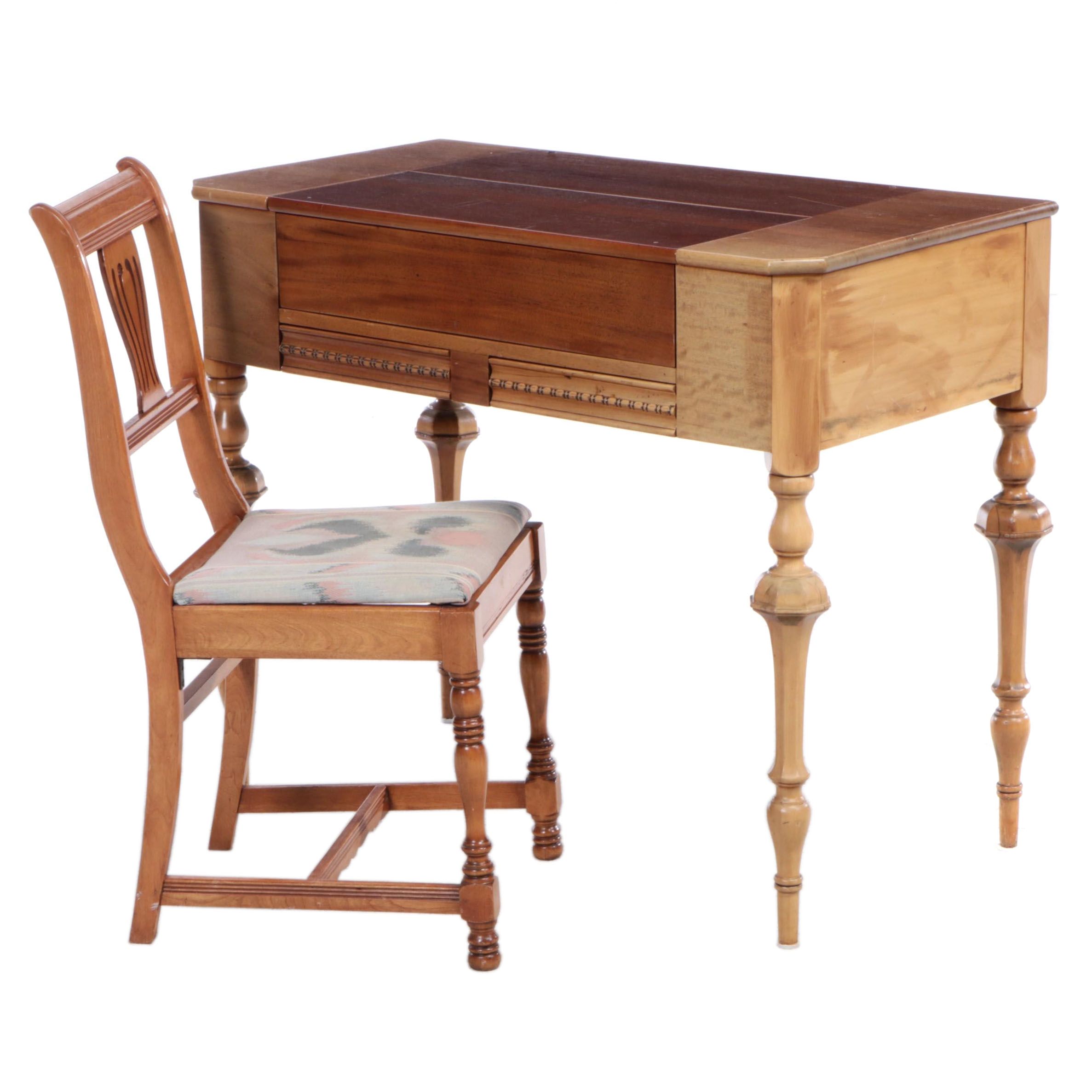 Renaissance Revival Mahogany Spinet Desk with Chair, Early 20th Century