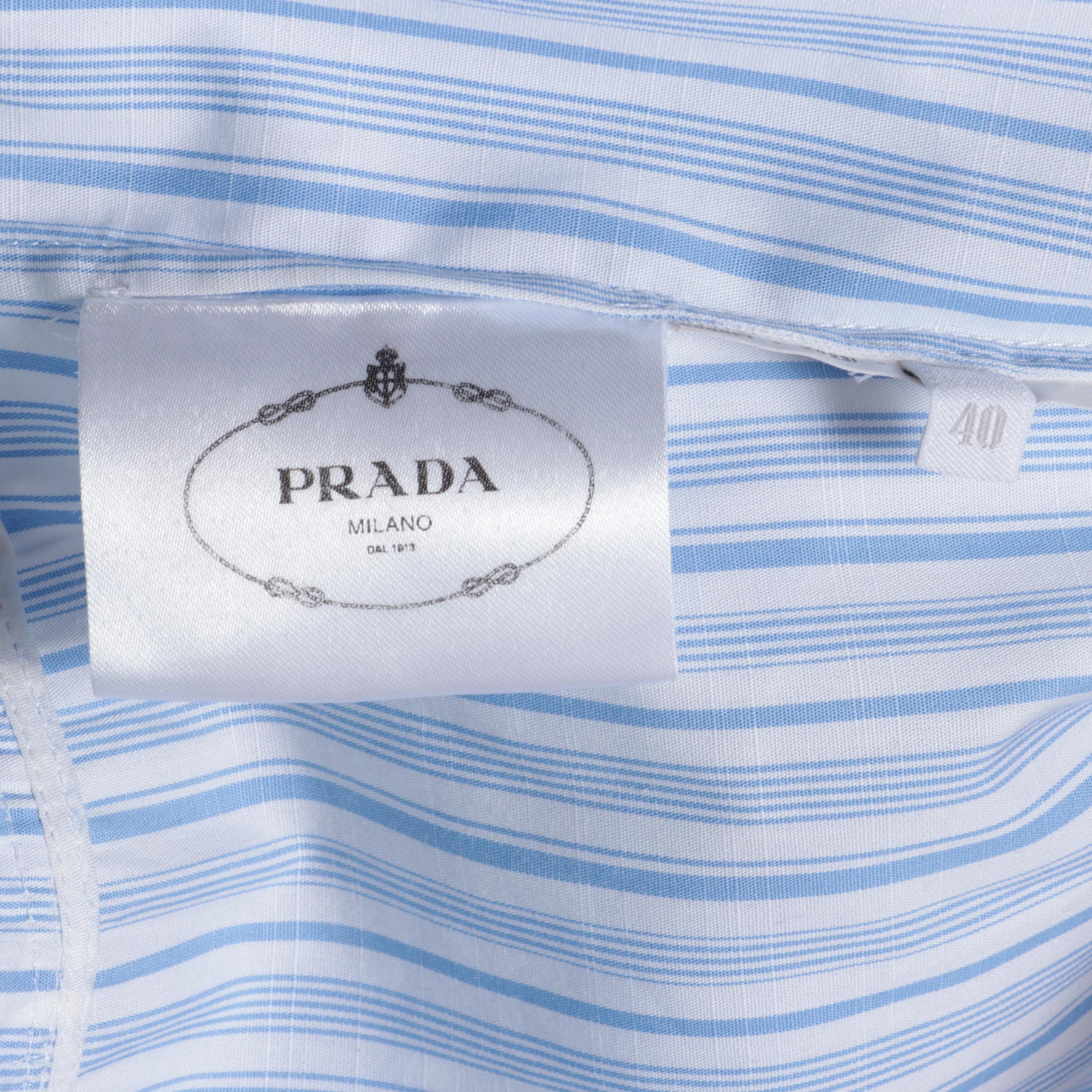 Prada Ruffle Trim Pleated Dress in Blue and White Cotton with Matching Belt