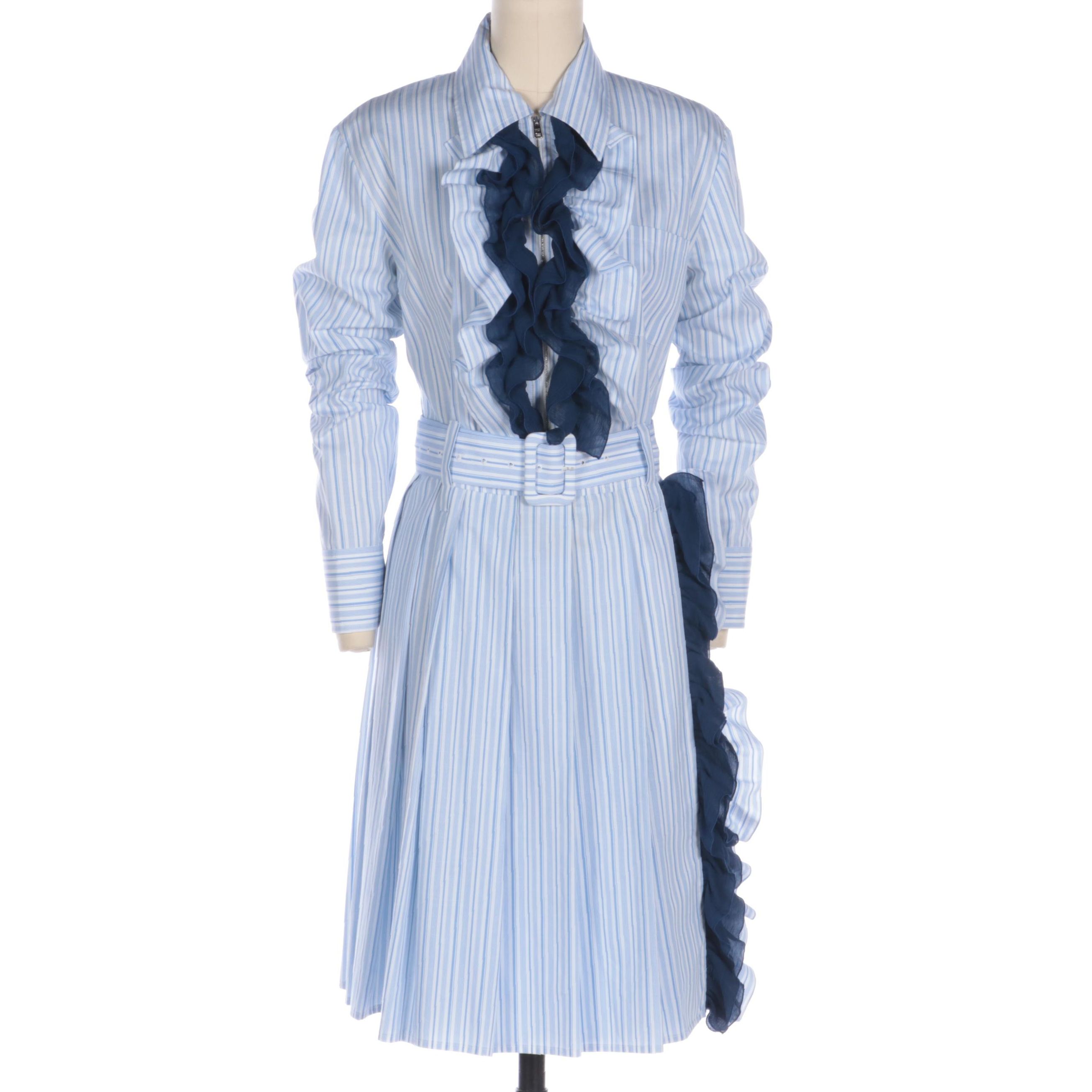 Prada Ruffle Trim Pleated Dress in Blue and White Cotton with Matching Belt