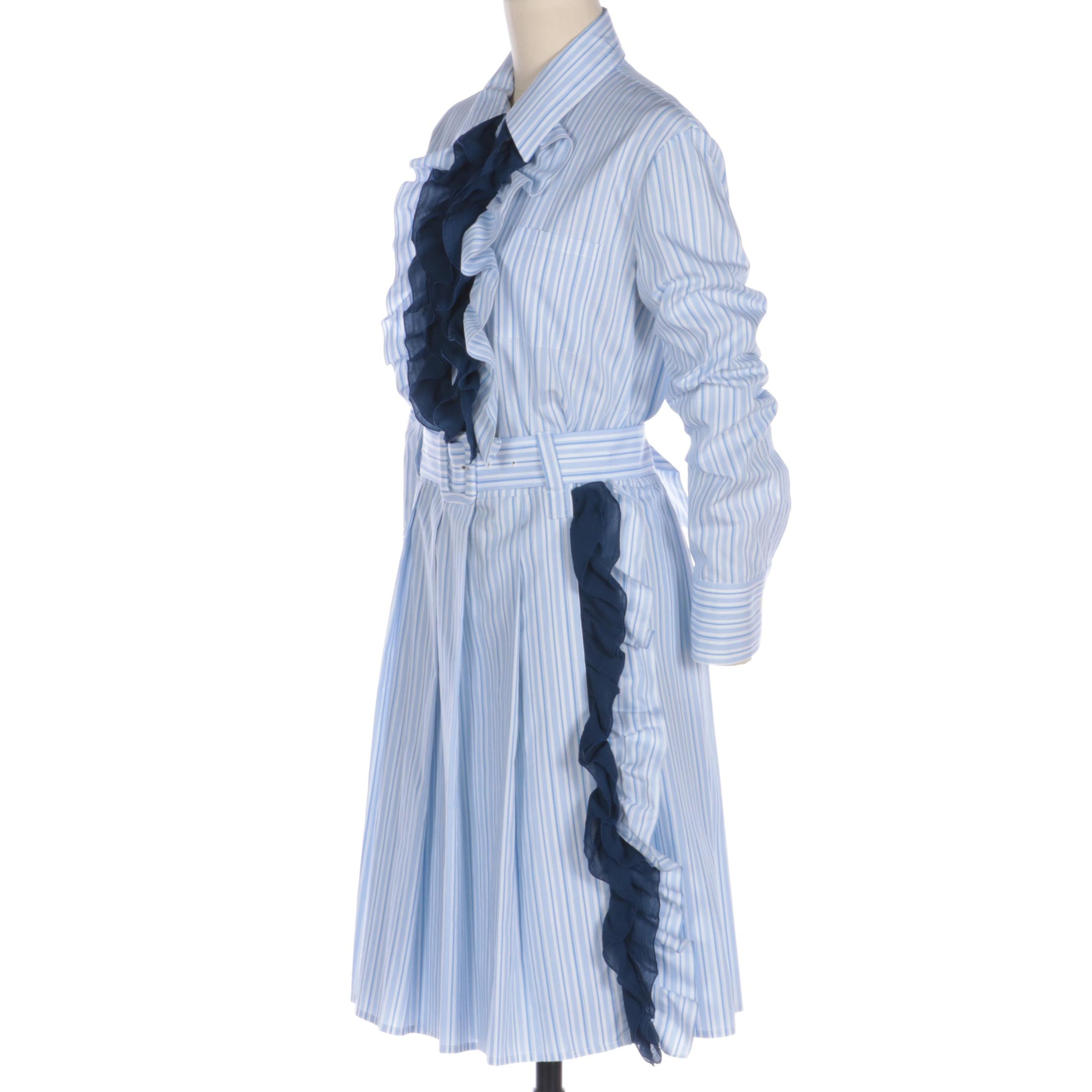 Prada Ruffle Trim Pleated Dress in Blue and White Cotton with Matching Belt