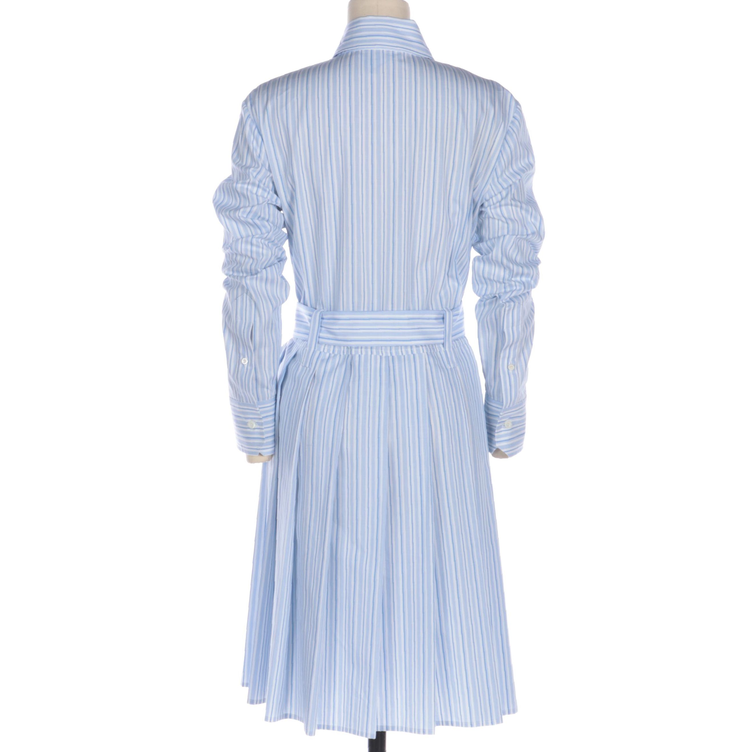 Prada Ruffle Trim Pleated Dress in Blue and White Cotton with Matching Belt
